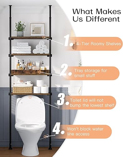 Miniatura 5 de ALLZONE Estante de almacenamiento de 4 niveles sobre el inodoro, organizador de baño de madera sobre armario de inodoro con estante ajustable,