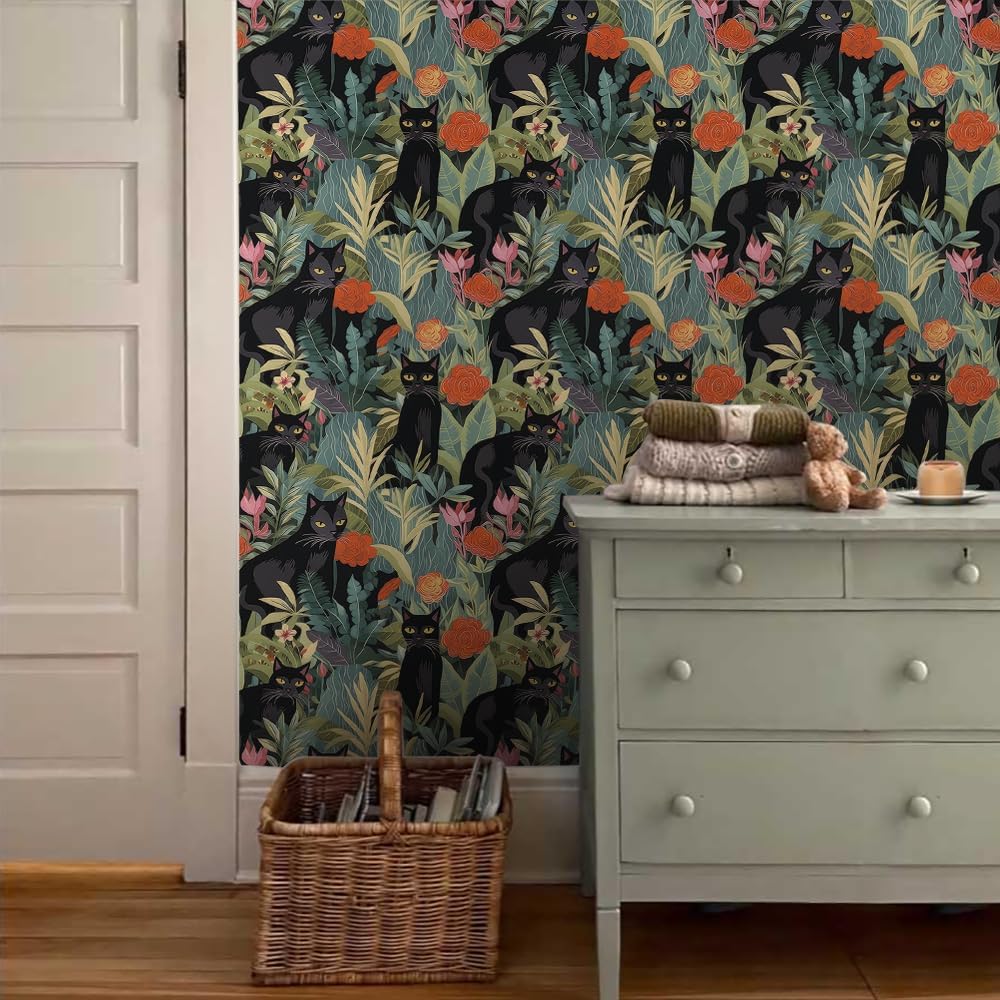 18"x236" Abstract Jungle Forest Black Cats Peel and Stick Self Adhesive Wallpaper Removable Contact Paper Stick on Easy Peel Off Wall Paper for Kitchen Bedroom Bathroom Renter