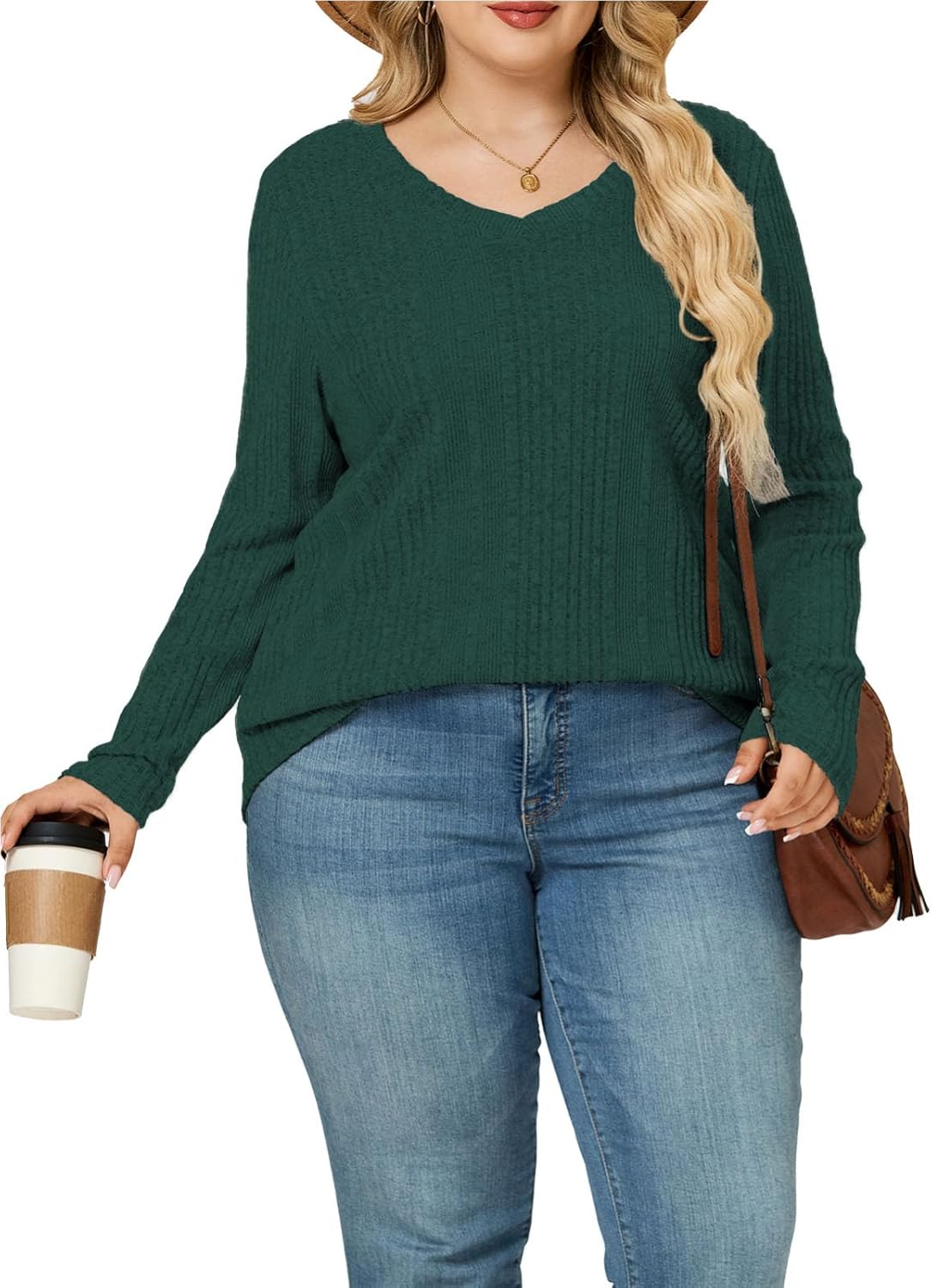 ROSRISS Plus-Size-Long-Sleeve-Tops for women Dressy V Neck Shirts Casual Ribbed Knit Tees Lightweight Tunic Sweaters - Image 2