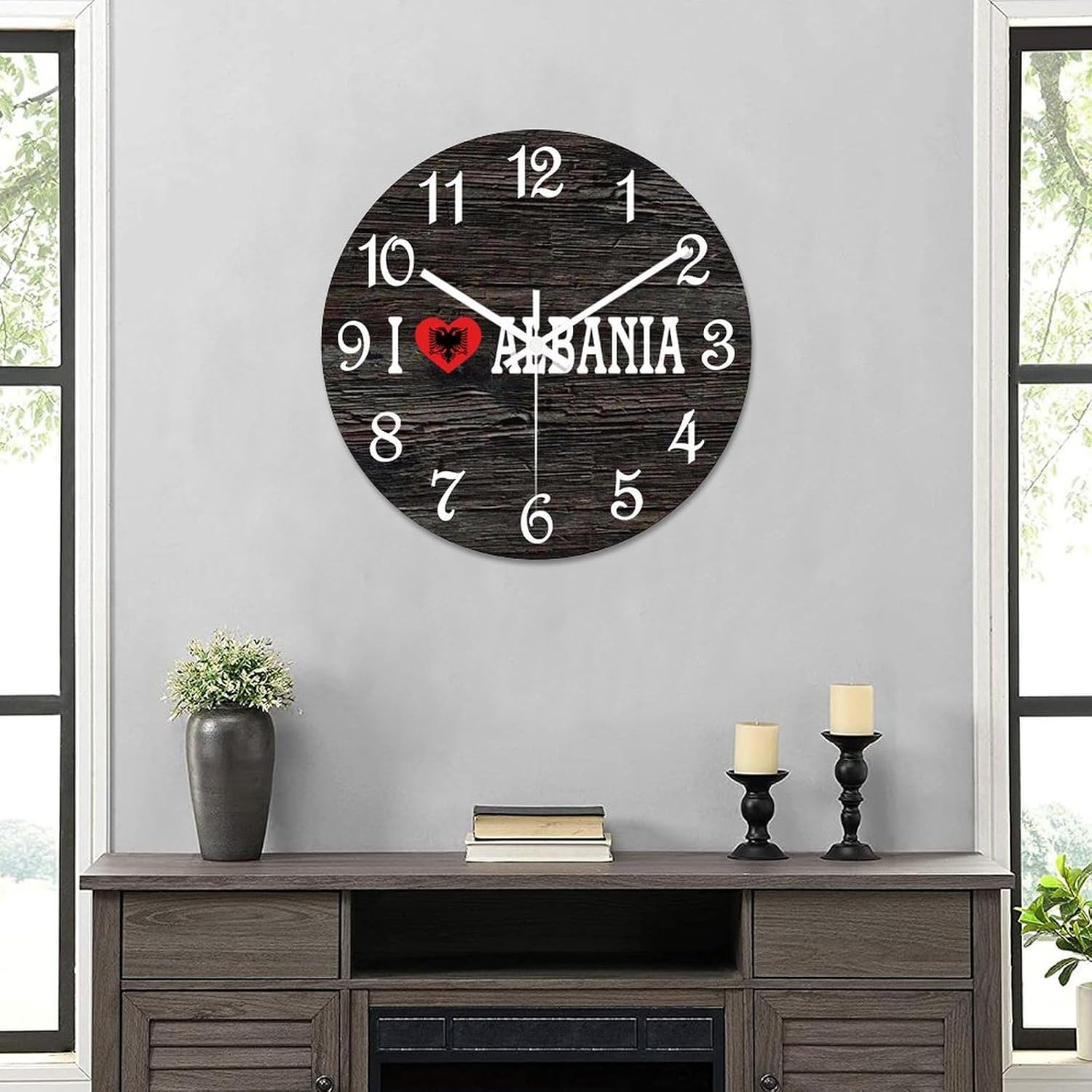 I Love Albania Wall Clock Flag of Albania Clock 15 Inch PVC Wall Clocks Battery Operated Non-Ticking Rustic Cabin Wall Home Decor for Farmhouse