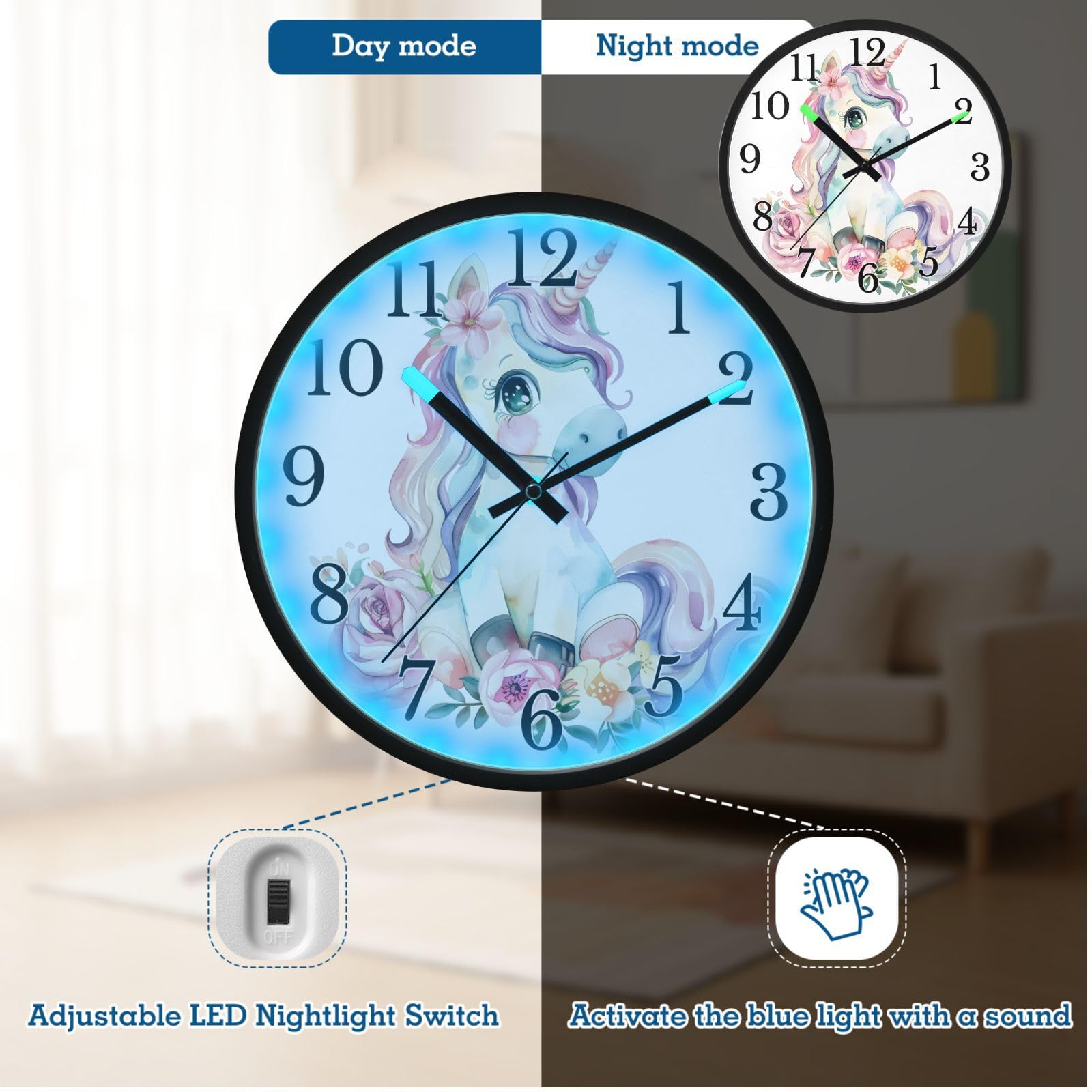 Mnsruu Reloj de pared luminoso con diseño de unicornio y flores de caballo blanco, funciona con pilas, reloj silencioso que brilla en la oscuridad, para sala de estar, cocina, 30,5 cm