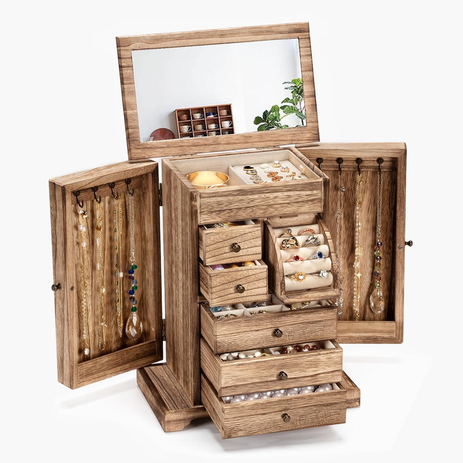 Schmuckkästchen 6 Ebenen, Schmuckaufbewahrung, Rustikales Holz Schmuckkasten 6 Schubladen mit Spiegel, Schmuck Organizer für Ringe, Ohrringe, Halsketten, Armbänder (Rustikal Braun)