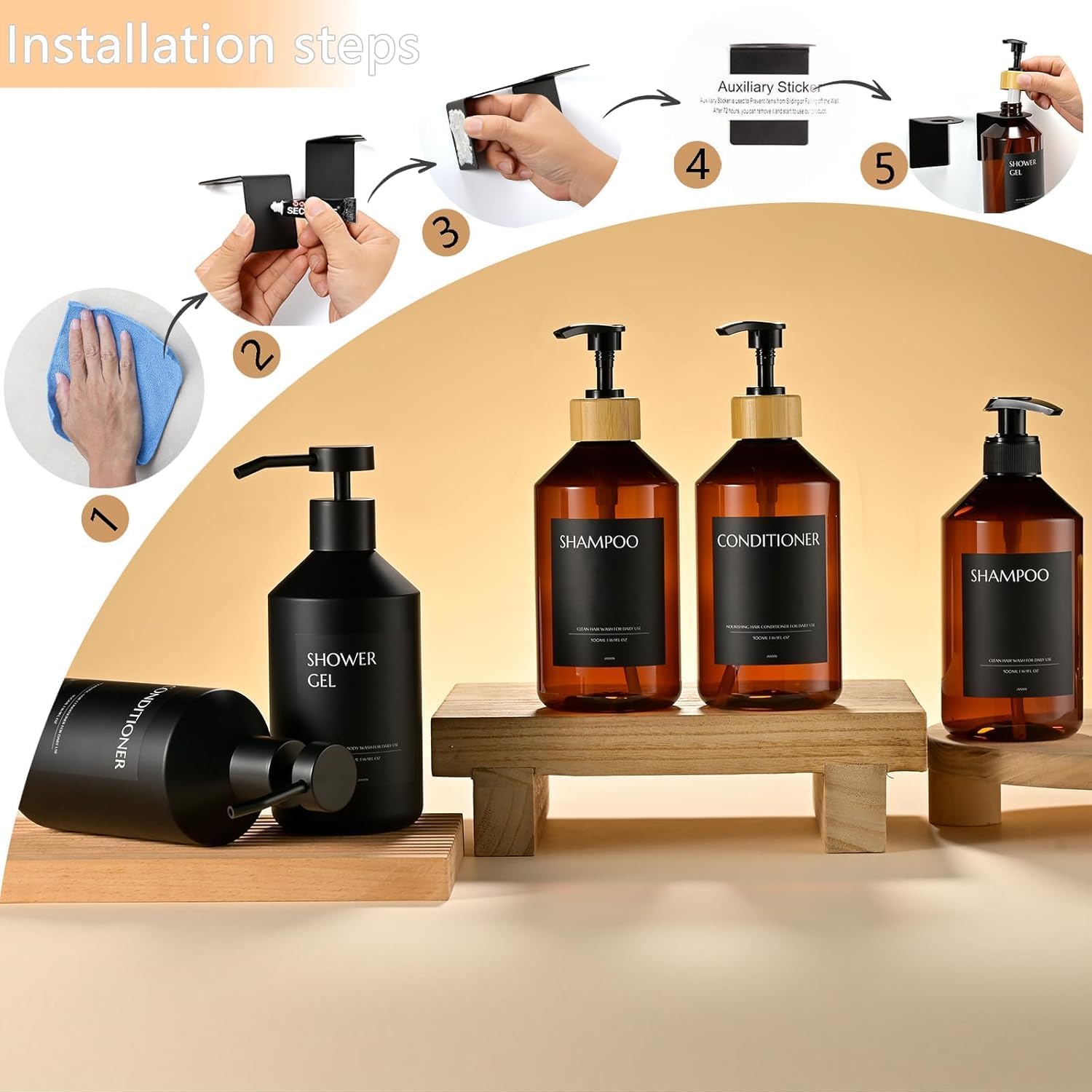 Shampoo and Conditioner Dispenser Set of 3 for Wall Mount,16.9 fl oz Drill Free Shower Soap Bottles with Labels,Refillable Body Wash Dispensers for Bathroom Decor (Black Bottles +Black Pumps)