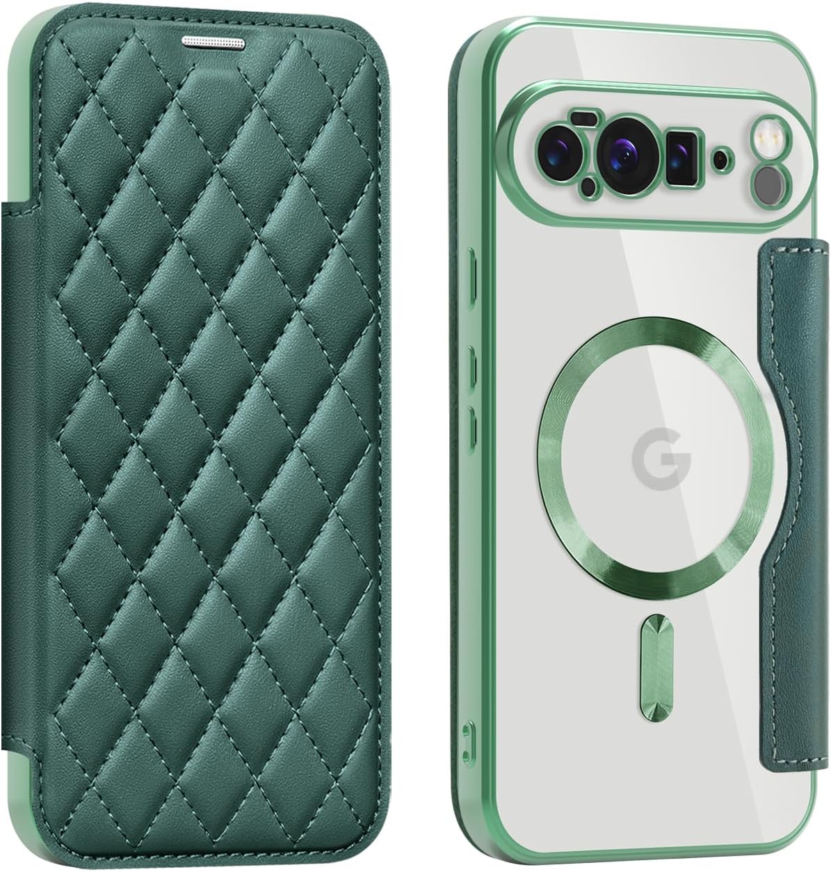 Magnetic Case for Google Pixel 7A Compatible with MagSafe, Premium Flip Leather Card Slots with RFID Blocking Clear Shockproof Protective Cover for Google Pixel 7A. Green XFC