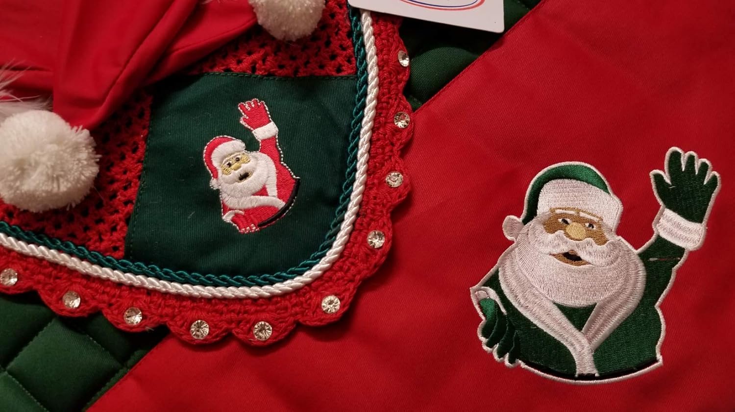 Horse Christmas Santa Claus Saddle PAD Set with Matching Fly Bonnet Ear NET Cotton Hand Made Crochet Fly Veil Hood MASK Equestrian Shows Breathable Cotton (Full/Horse)