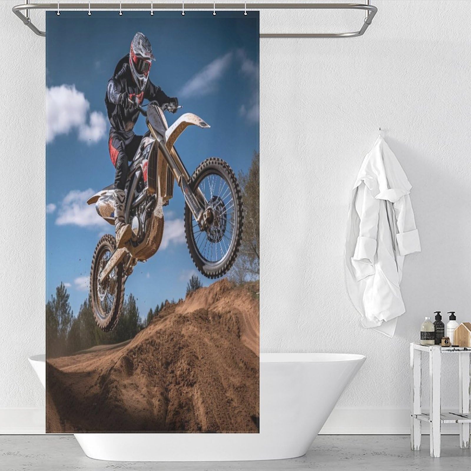 Rideau de douche motocross 100% polyester lavable pour salle de bains