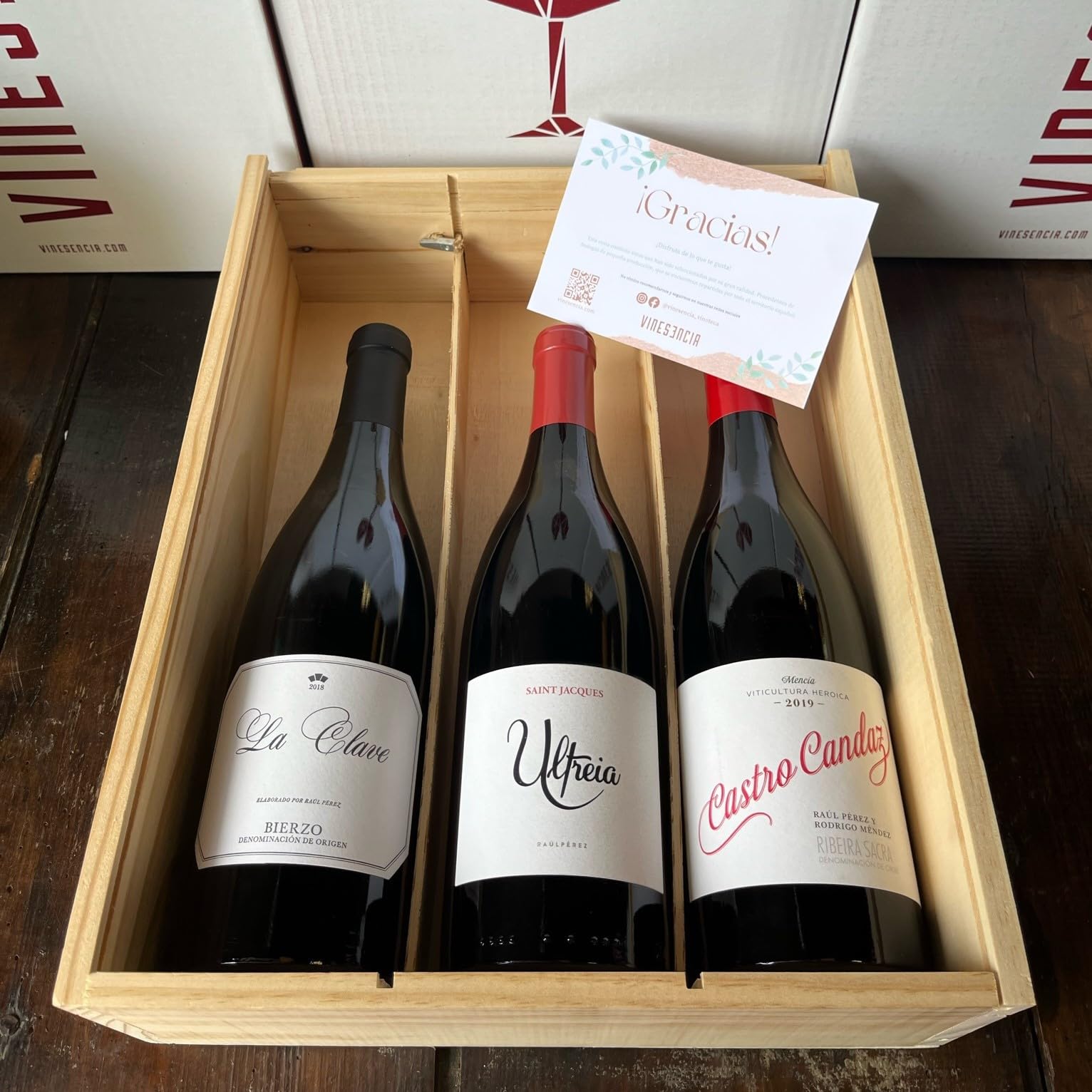 VINESENCIA - Estuche regalo vinos gourmet La Clave, Ultreia y Castro Candaz - Pack 3 botellas de vinos buenos para regalar