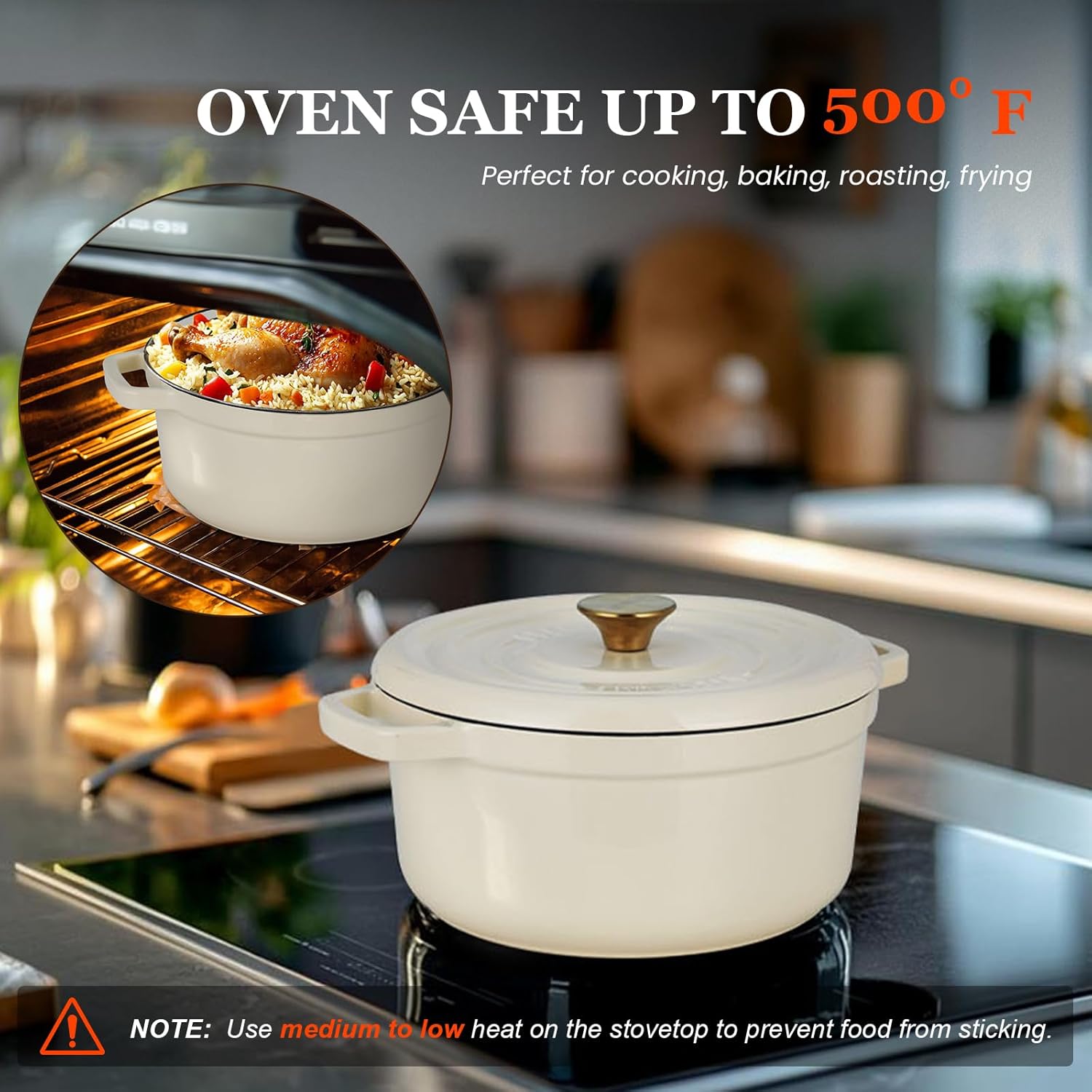 Overmont Enameled Cast Iron Dutch Oven - 5QT Pot with Lid Cookbook & Cotton Potholders - Heavy-Duty Cookware for Braising, Stews, Roasting, Bread Baking Cream white - Image 8