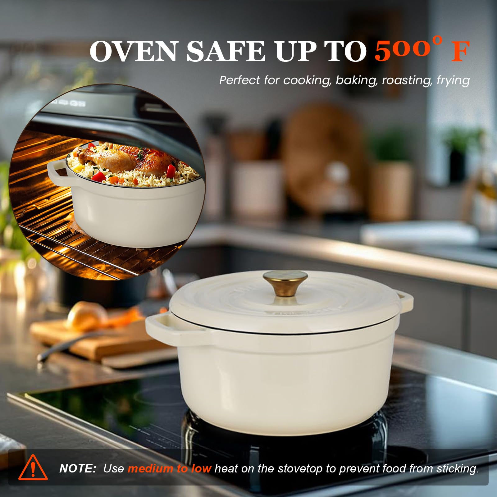 Overmont Garnek emaliowany żeliwny Dutch Oven 26 cm z pokrywką i książką kucharską biały