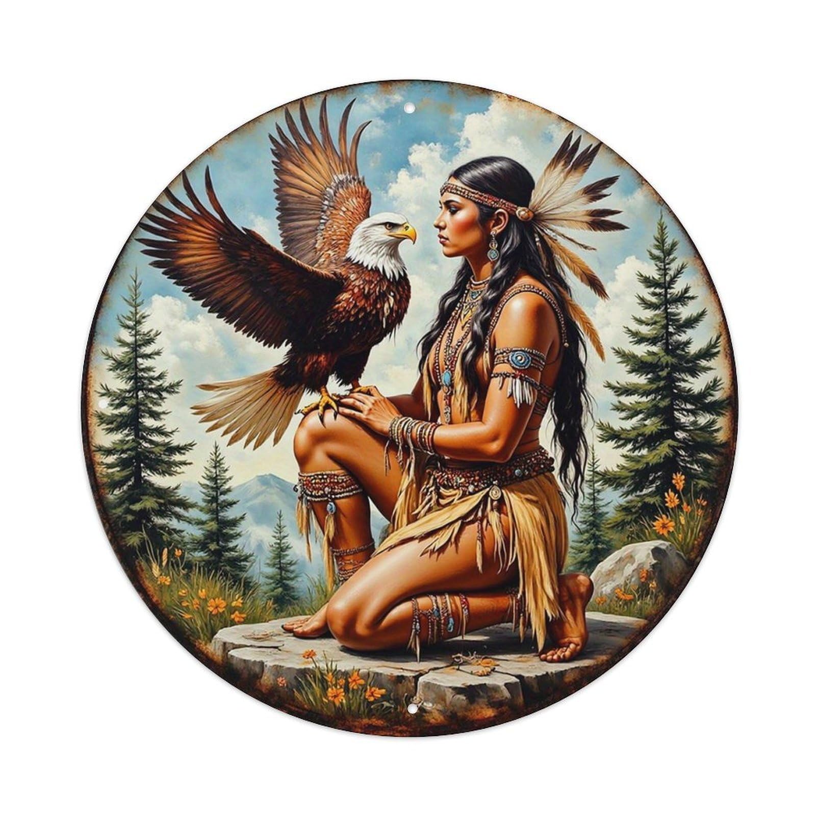 Native Woman With Eagle In Forest Vintage Round Tin Sign Retro Metal Wall Decor Metal Poster, Home Bar Garage Cafe Wall Art Decoration 8x8Inches