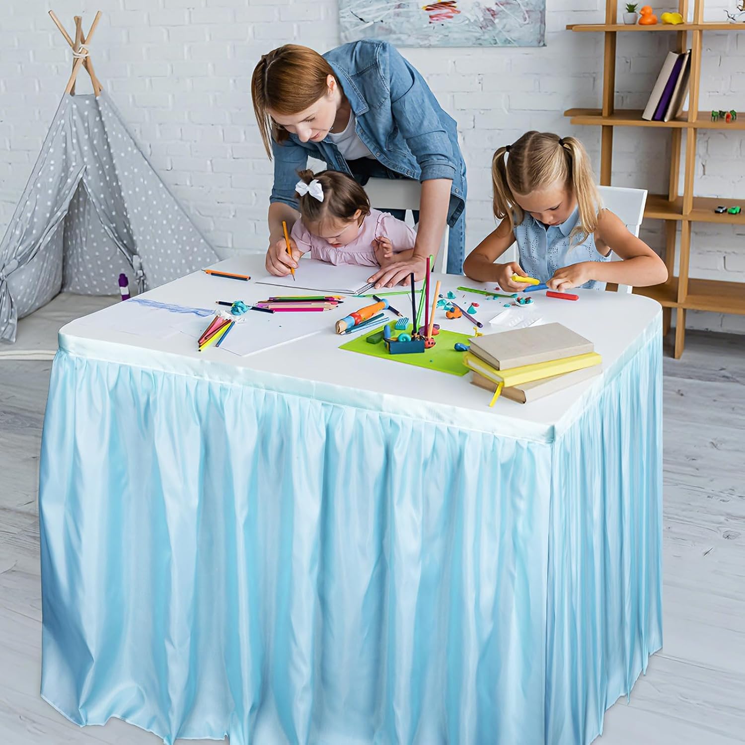 9 Ft Pastel Table Skirt Cloths for Teacher Desk Back to School Classroom Decor Wrinkle Resistant Pleated Ruffle Table Cover Skirt for Kindergarten Preschool Office Birthday Party Supplies (Style 4)