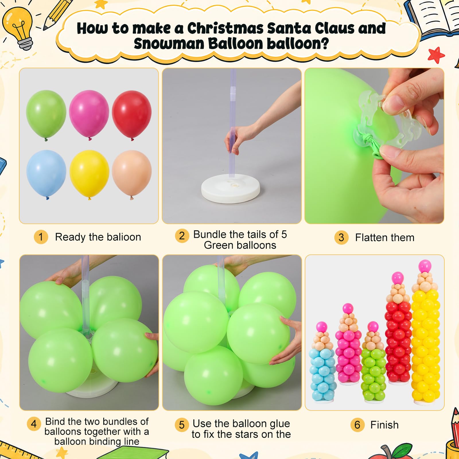 Capoda Set di 306 palloncini a forma di matita per il rientro a scuola, confezione da 5 pezzi, dimensioni regolabili, decorazione a torre in lattice per il primo giorno in classe, scuola, feste