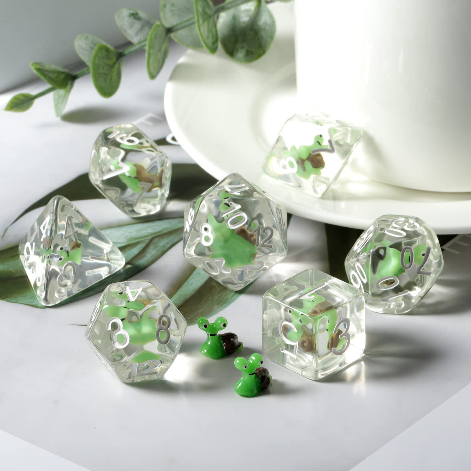 Snail Dice Set DND, DNDND Resin 7 D&D Würfel mit Samtbeutel für Dungeons and Dragons D&D Rolling Games und Tabletop Games (grüne Schnecke)
