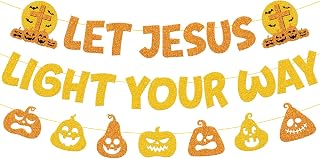 Let Jesus Light Your Way Banner Christian Halloween Party Decorations Hallow Sunday School Classroom Bulletin Board Backdrop Pumpkin Bats theme Party Decor