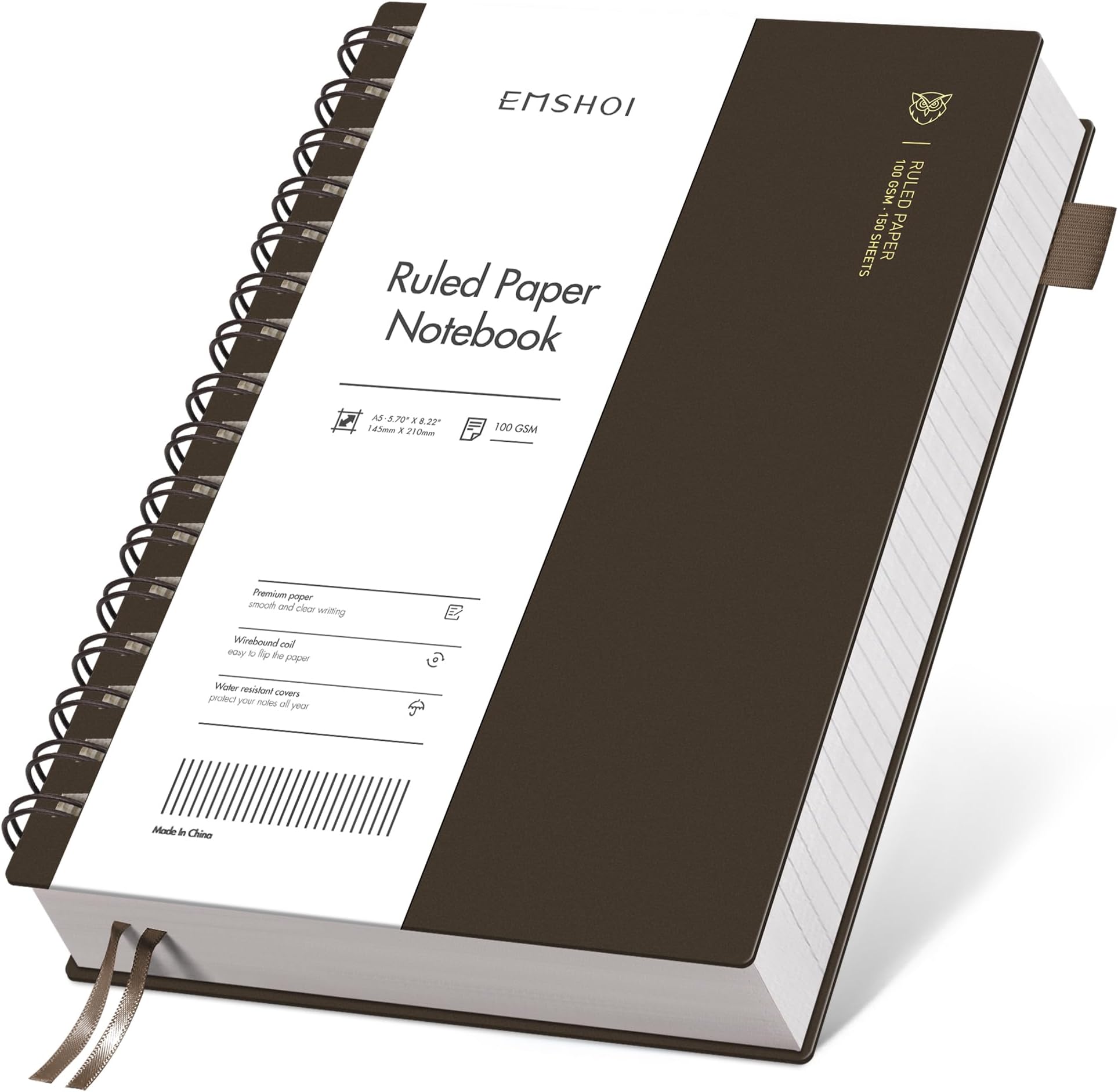 Lined Spiral Journal Notebook, 300 Pages, A5 Size (5.7'' x 8.2'') | College Ruled, 100 GSM Thick Paper, Flexible Plastic Cover, for School, Writing, Work, Office & Journaling (Coffee)
