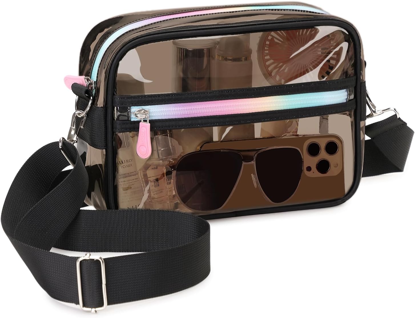 Clear stadium events crossbody bag with adjustable shoulder strap.