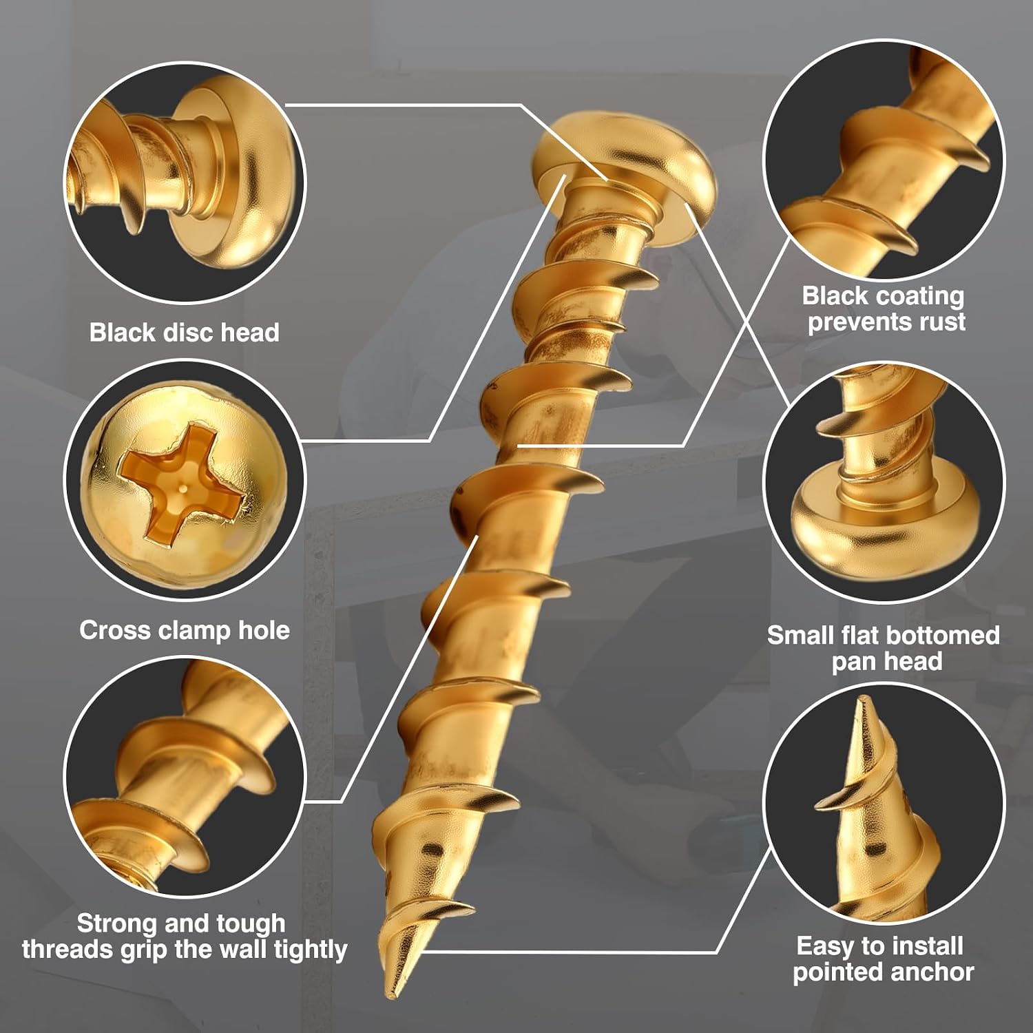Blulu 100 Pcs Drywall Anchors 1/4 x 1-1/2 Inch Alloy Steel Light Wall Anchors Heavy Duty Self Drilling Screws for Drywall, Wood and Other Masonry Materials (Golden Bronze)