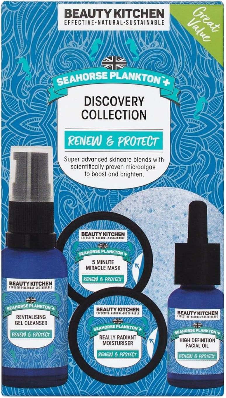 Beauty Kitchen - Seahorse Plankton + Discovery Collection - Hydrating Moisturiser, Cleanser, Mask, Oil & Sponge - For Fine Lines, Wrinkes & Uneven Skin Tone - Vegan/Cruelty Free