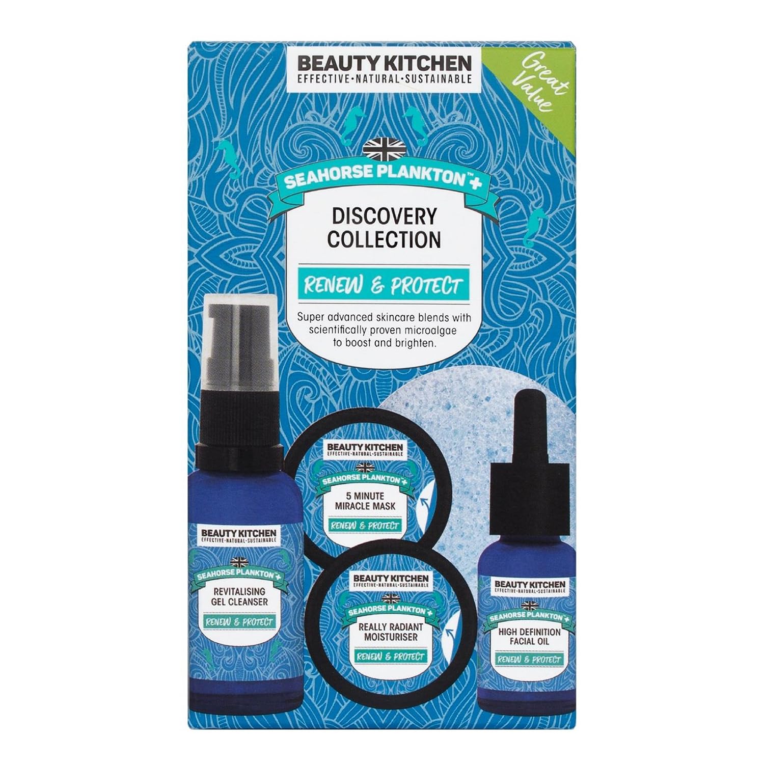 Seahorse Plankton + Discovery Collection - Hydrating Moisturiser, Cleanser, Mask, Oil & Sponge - For Fine Lines, Wrinkes & Uneven Skin Tone - Vegan/Cruelty Free