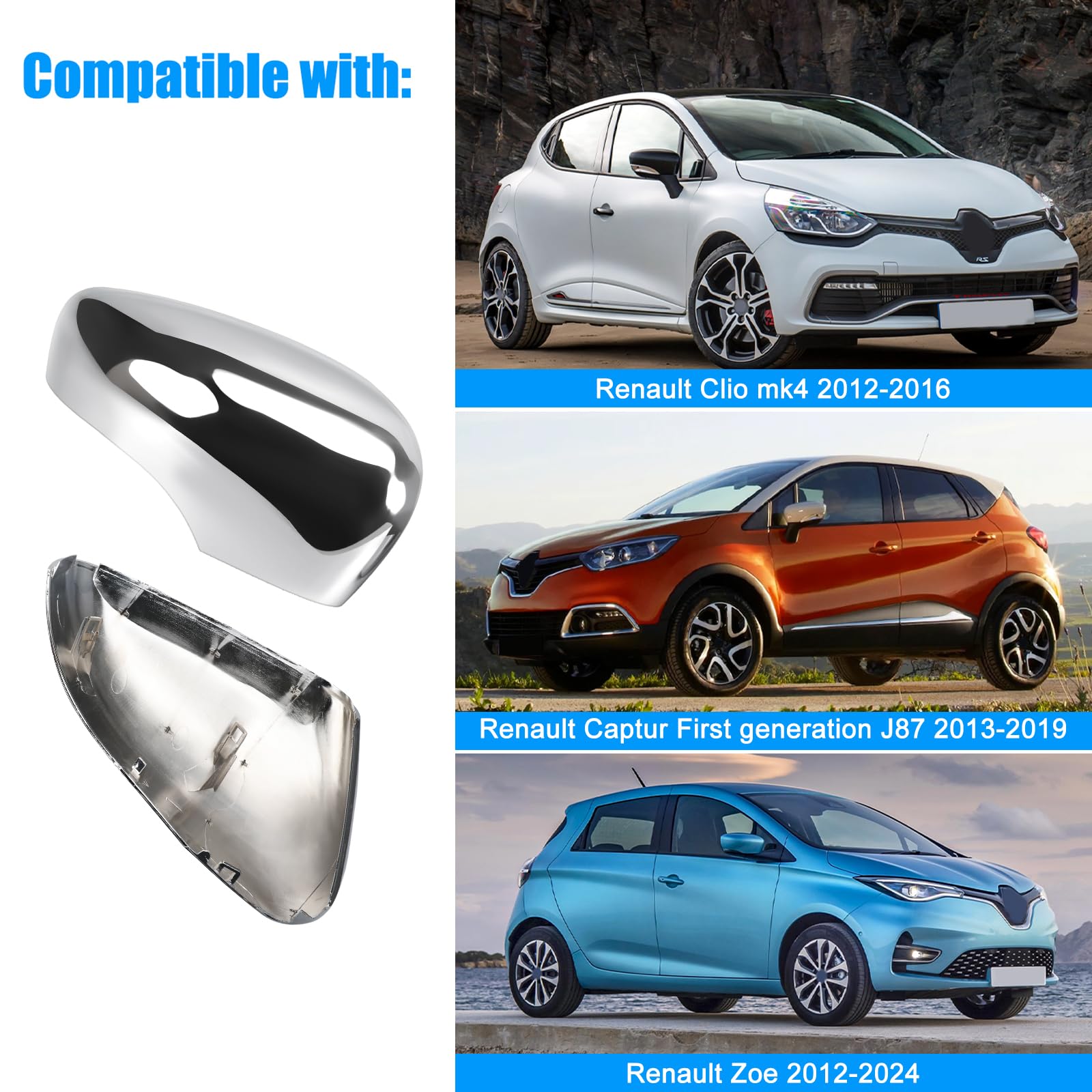 Cappuccio Dello Specchietto Retrovisore Compatibile con Renault Clio 4 2012-2016, Capture First Generation J87 2013-2019, 1 Paio Cappucci per Specchietti Compatibile con Zoe 2012-2024 - Argento