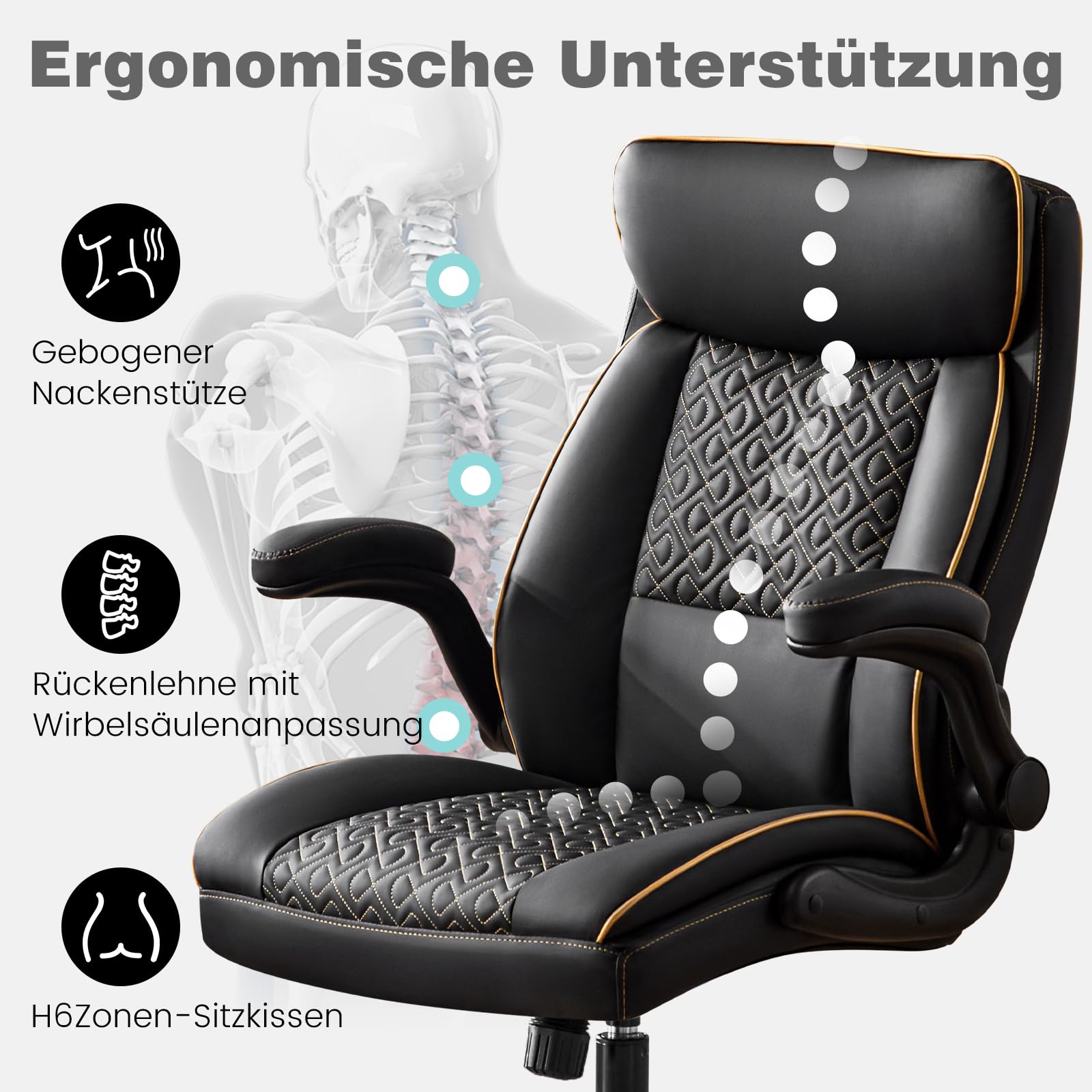 Hellove Chefsessel Bürostuhl 185kg Ergonomischer Kunstleder Schreibtischstuhl mit Verstellbarer Rückenlehne und Klappbaren Armlehnen, Drehstuhl mit Kopfstütze Computerstuhl Home Office Stuhl, Schwarz