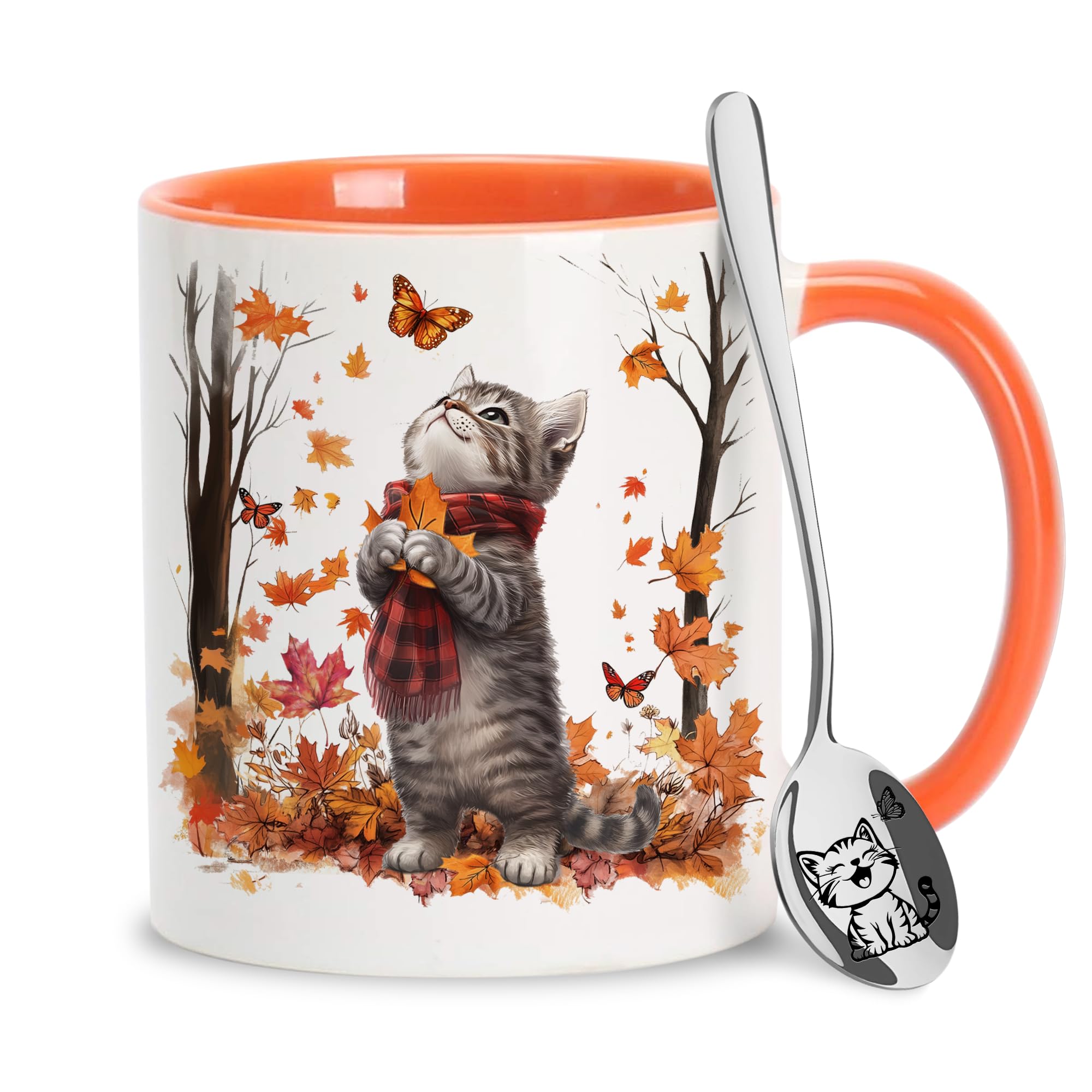 Fall Cat Maple Leaves Coffee Mug with Spoon Gifts on Birthday