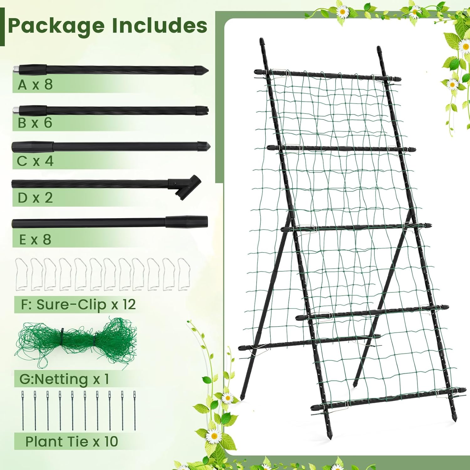 Giantex Cucumber Trellis, Trellis for Climbing Plants Outdoor, Garden Trellis w/Netting, PE-Coated Metal, Clips, Plant Support for Flower Vine Grape Vegetable Fruit, Adjustable Shape, 31"x 26"x74"