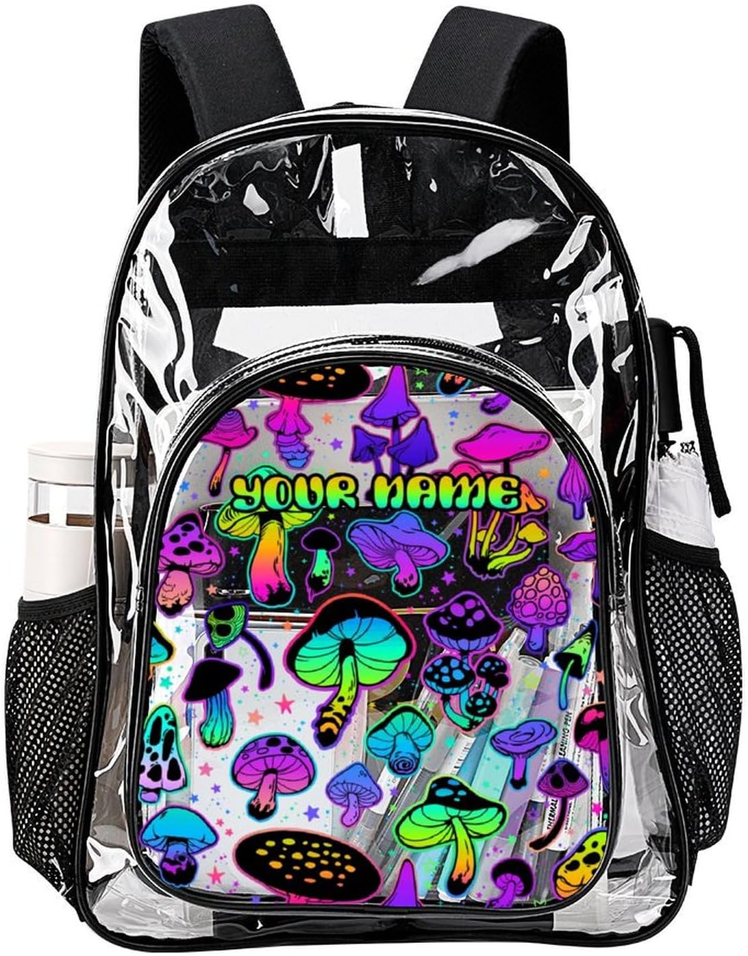 Custom Mushroom Clear Backpack Heavy Duty for Girls Kids Boys Women Men - Large Cute PVC Mushrooms Theme Printing Transparent Backpacks for Schools Stadium Concerts Work - Clear/Black