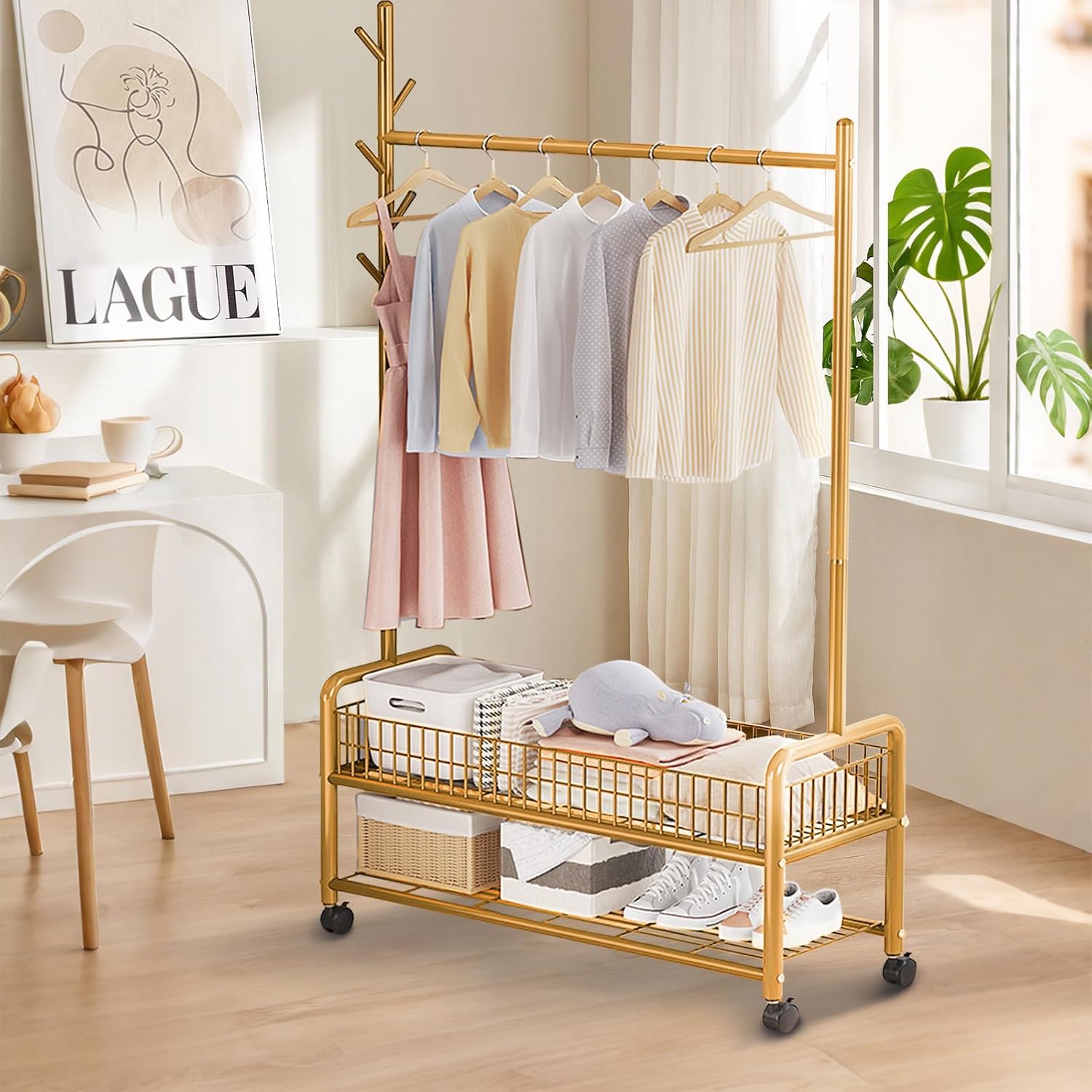 clothes rack with storage shelves, heavy - duty garment rack with wheels for bedroom, living room, laundry room organization gold 35.4in/90cm