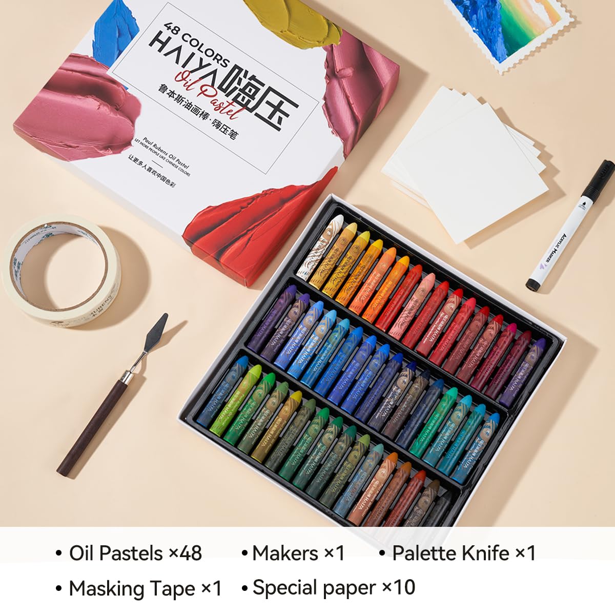 Paul Rubens zestaw pasteli olejnych, 48 kolorów HaiYa Artist Soft pastele olejne, żywe i kremowe, 10 arkuszy papieru pastelowego, 1 środek zakrywający, 1 szpachla i 1 czarny akrylowy marker