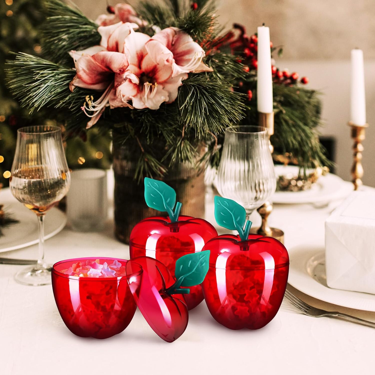 Ciieeo 4 Pack Red Apple Candy Jars Christmas Candy Containers Reusable Fruit Shaped Jars for Office Kitchen