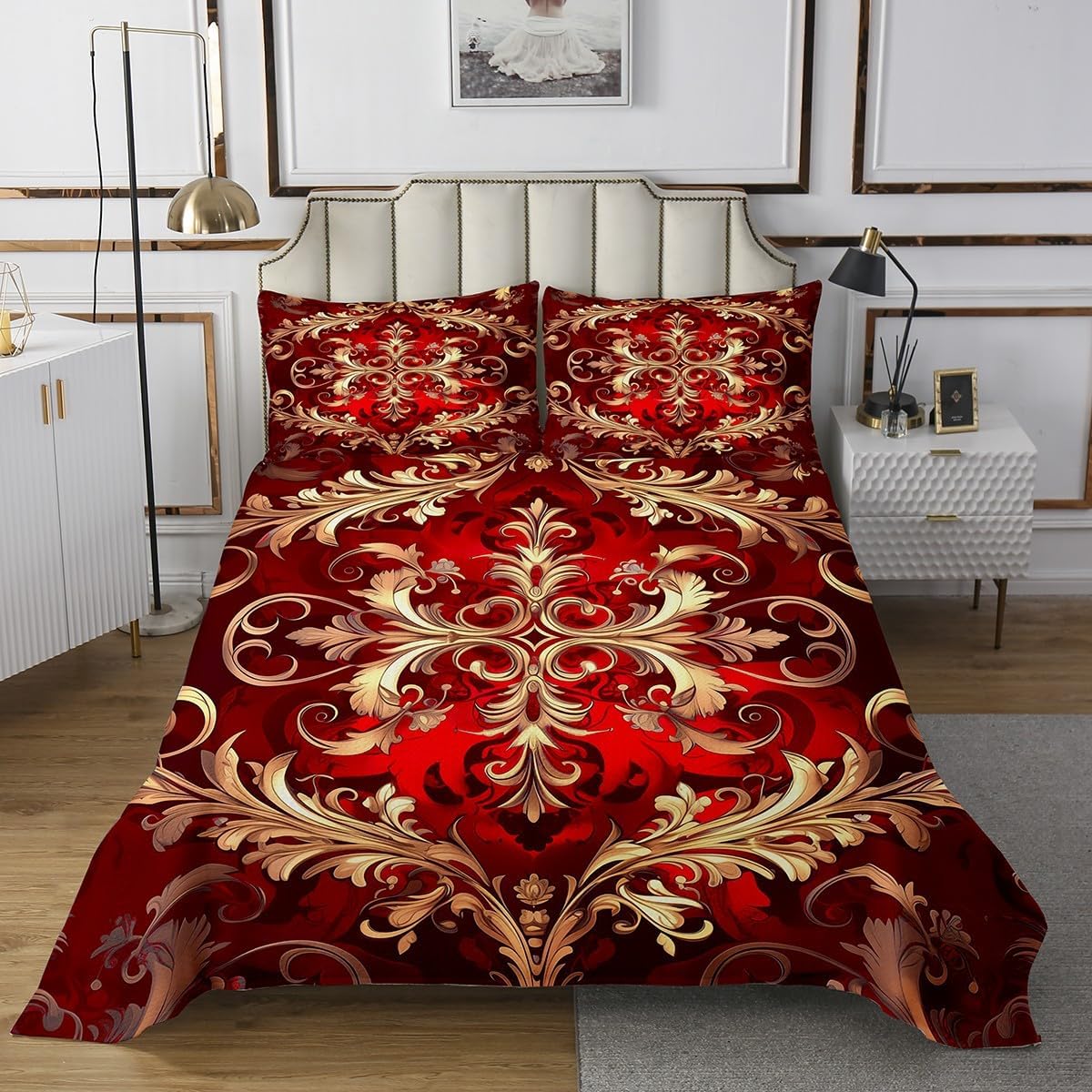 Erosebridal Red Damask Twin Bedspread Set, Bohemian Vintage Florals Paisley Soft Quilt Set, Hippie Exotic Aztec Waterproof Coverlet Set & Bedspread for Bedroom, Elegant Luxury Quilt Bedding Sets