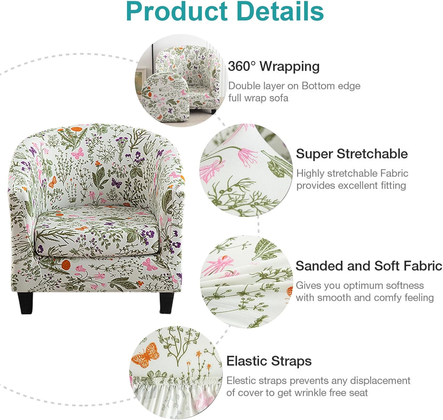 NILUOH Club Chair Slipcover 2 Piece Stretch Barrel Chair Covers Printed Tub Chair Slipcovers Soft Accent Armchair Sofa Protector for Living Room（Flowers 13）