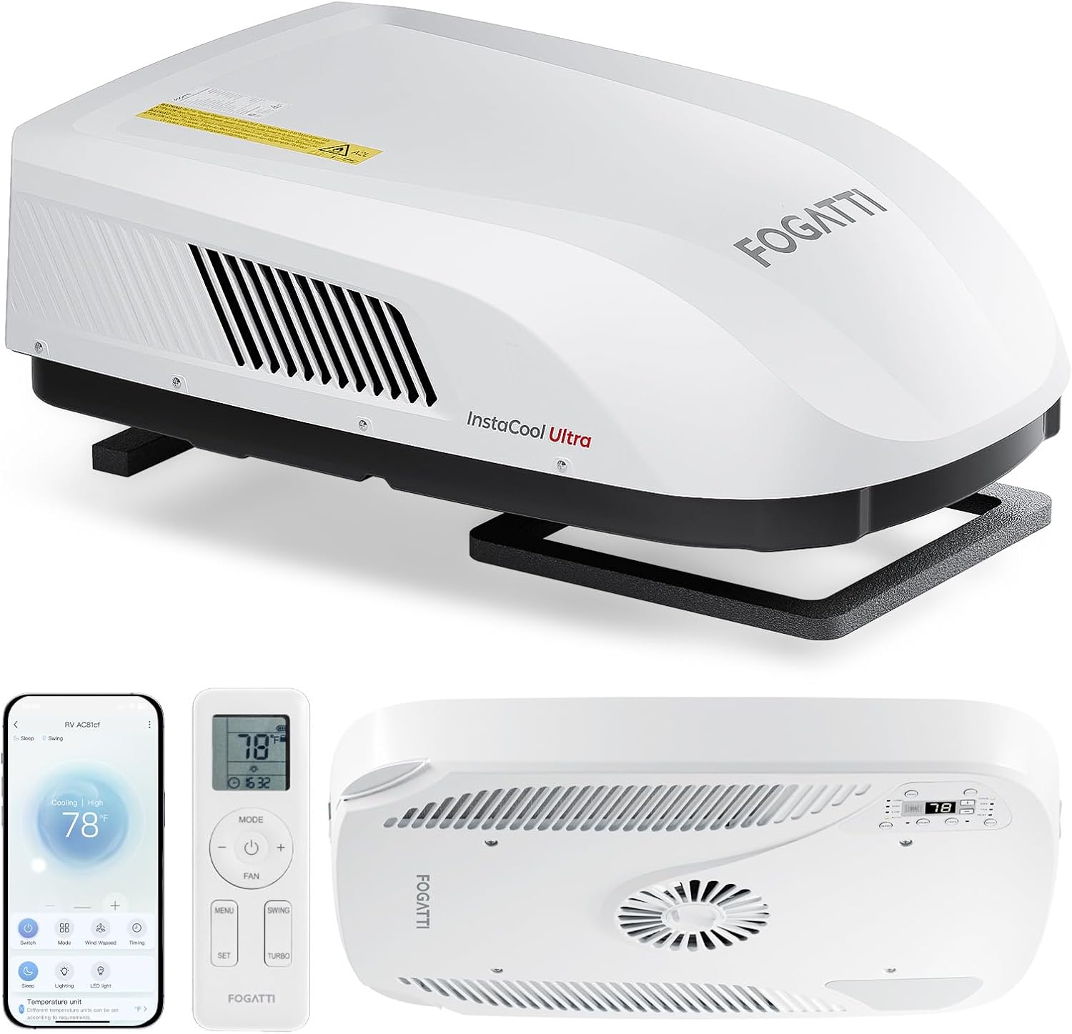 FOGATTI RV Air Conditioner 16K BTU, with Heat Pump and Cooling, Quiet AC, Rooftop AC Unit RV, Non-Ducted, White