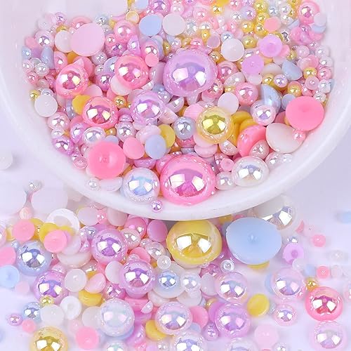 Perlas planas para manualidades, 1.76 oz (50 g), color rosa, amarillo, azul, media perla AB para manualidades, tamaño mixto de 3456680.394 in,