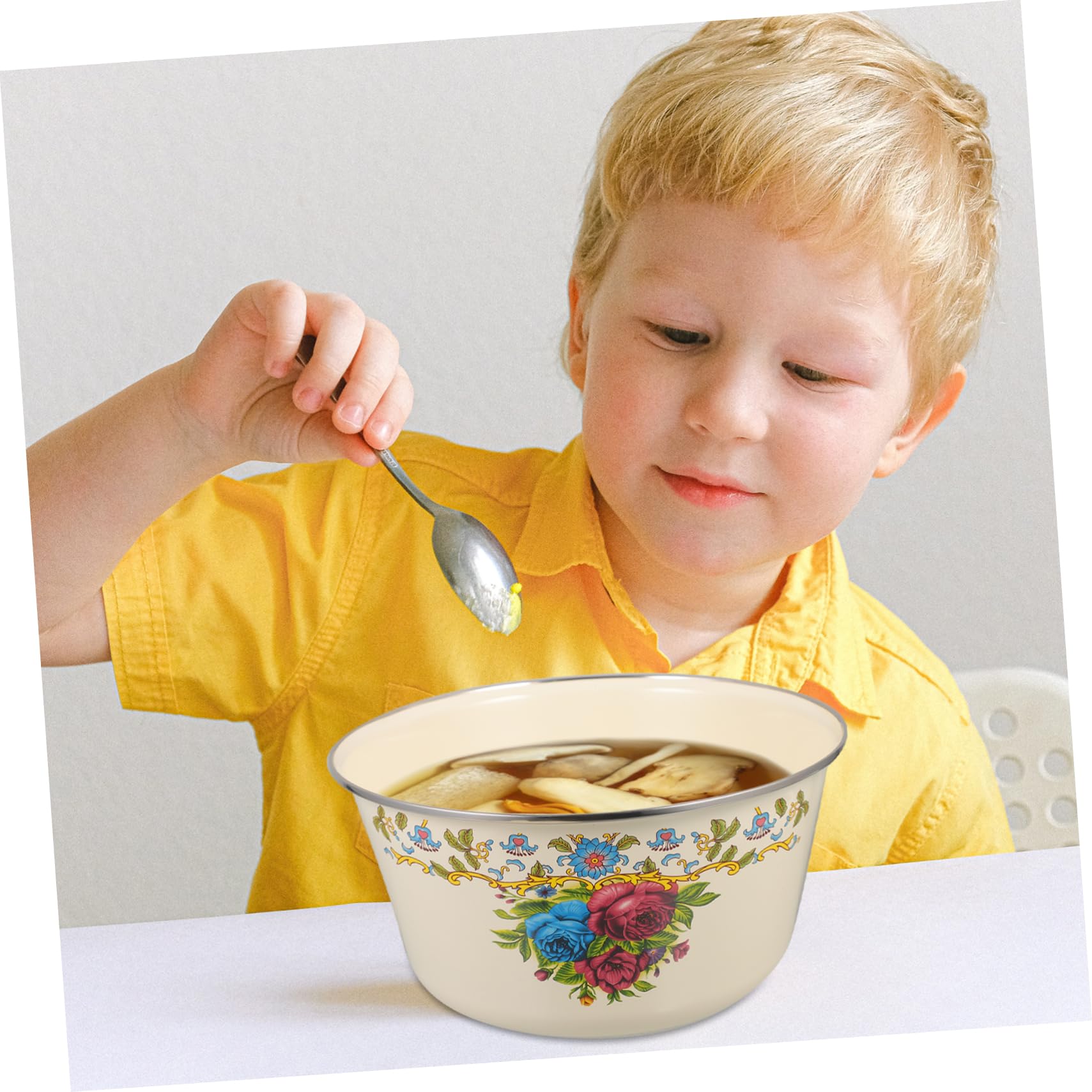 Angoily Groß Email Bowl Emailware Suppenschüssel: Emaille Mischschüssel mit Deckel e Dekorative Camping Lebensmittelzubereitung Öl Lagerung CAN 26 Cm