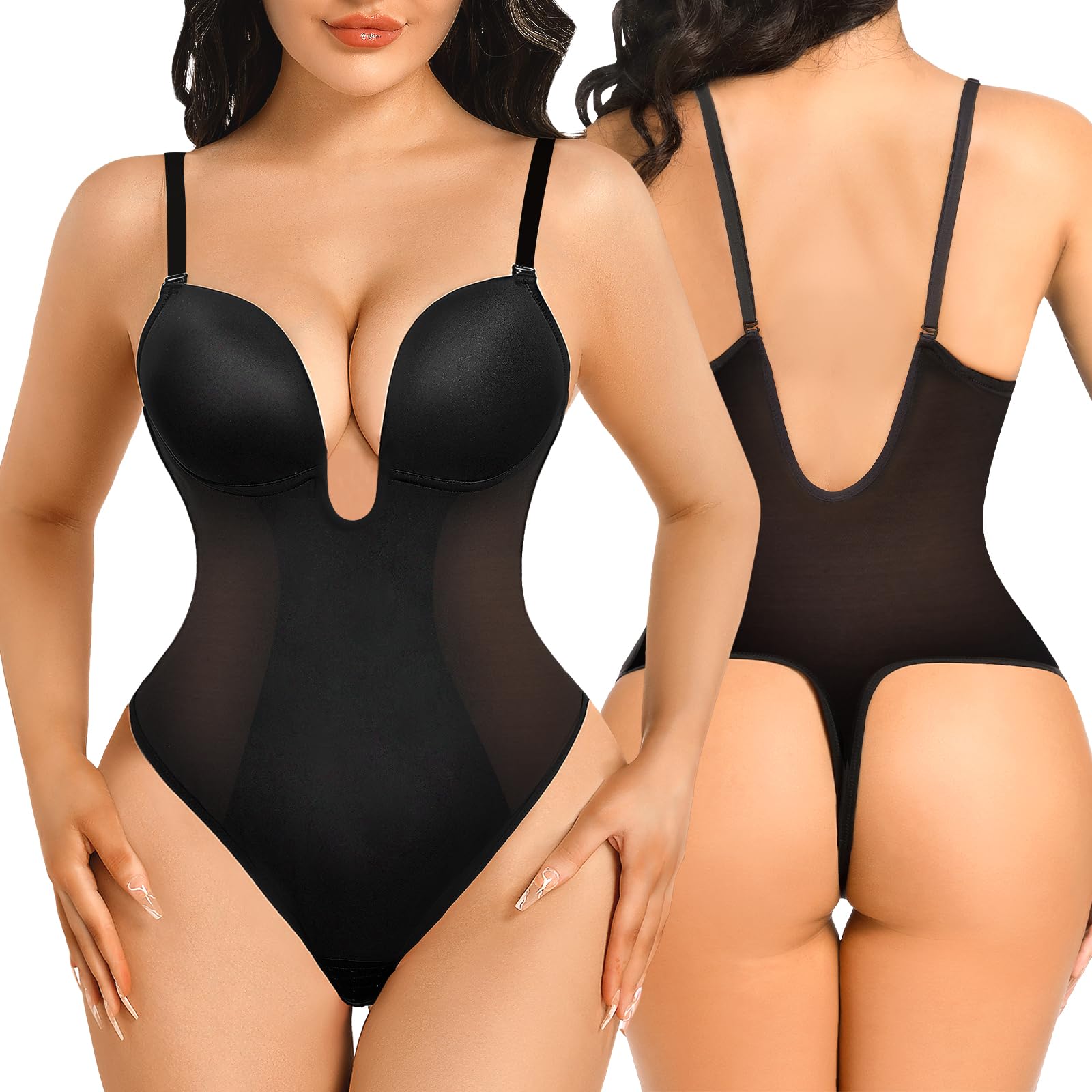 Thong Shapewear for Women Tummy Control Low Back U Plunge Backless Body Shaper Bra Faja with Open Crotch Bodysuit