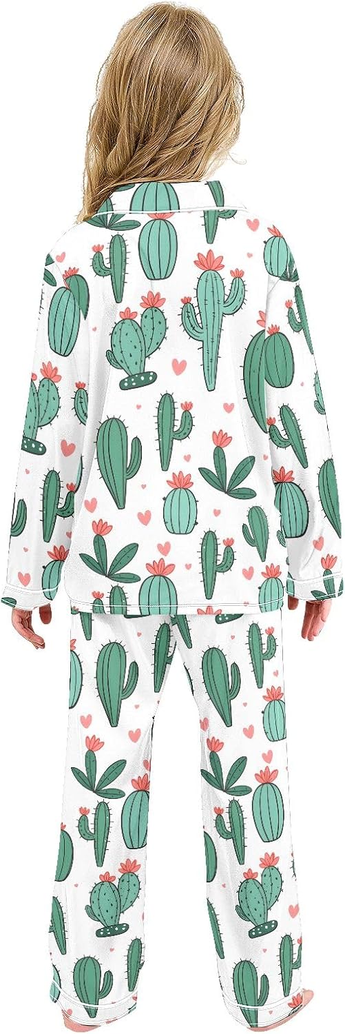 Kids Casual Satin Wear Set Green Flower Cactus Pattern Unisex Relaxed Fit Clothing