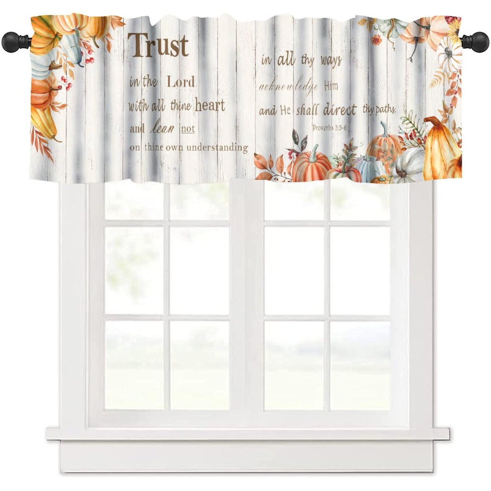 moderw Fall Pumpkin Valance Curtains, Rustic Autumn Thanksgiving Harvest Inspirational Quotes Christian Bible Verses Scripture Window Curtain Valance for Living Room Bedroom Kitchen 54x18inch