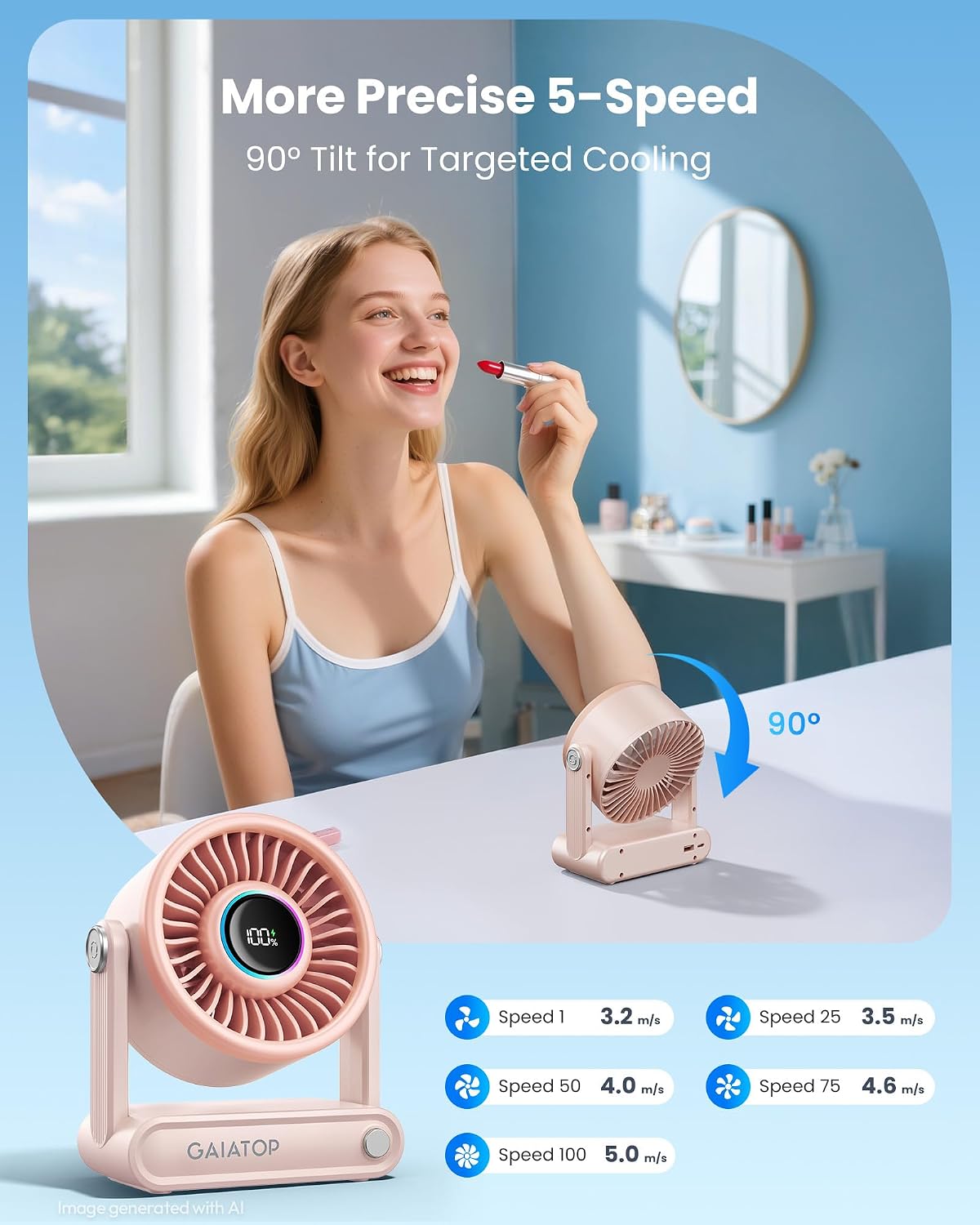 Gaiatop Portable Quiet Desk Fan, 6000mAh Max 18H Rechargeable Battery Fan | RGB Ring Personal Travel Fan, 5-Speed Strong Wind, Bedroom Office Desk Accessories, Gifts for Women Men Teens, Pink