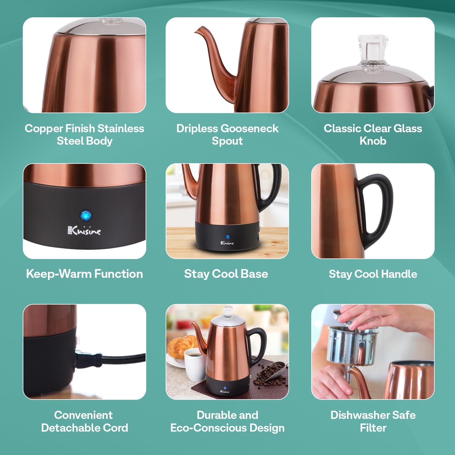 Euro Cuisine PER08 Stainless Steel Electric Coffee Percolator, 8 Cup, Polished Copper Finish, Dripless Gooseneck Spout, Clear Glass Knob, Brewing Indication, Keep-Warm Function, Detachable Cord
