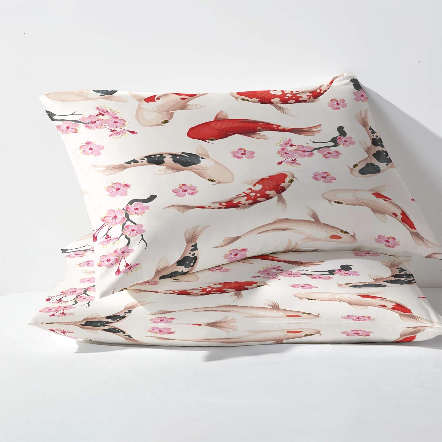 Pillow Case King Size Set of 2, Koi Carp Fish Pillowcase, Japanese Cherry Blossom Pillow Cover, Pink Floral Bed Pillow Cases & Bedroom Decor Pillow Shams with Hidden Zipper