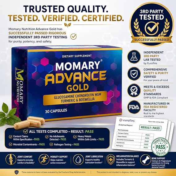 Advance Gold Glucosamine Chondroitin MSM Turmeric Boswellia Calcium & Magnesium Advanced Joint Comfort & Mobility Support Independently 3rd Party Tested for Quality & Purity 30 Capsules
