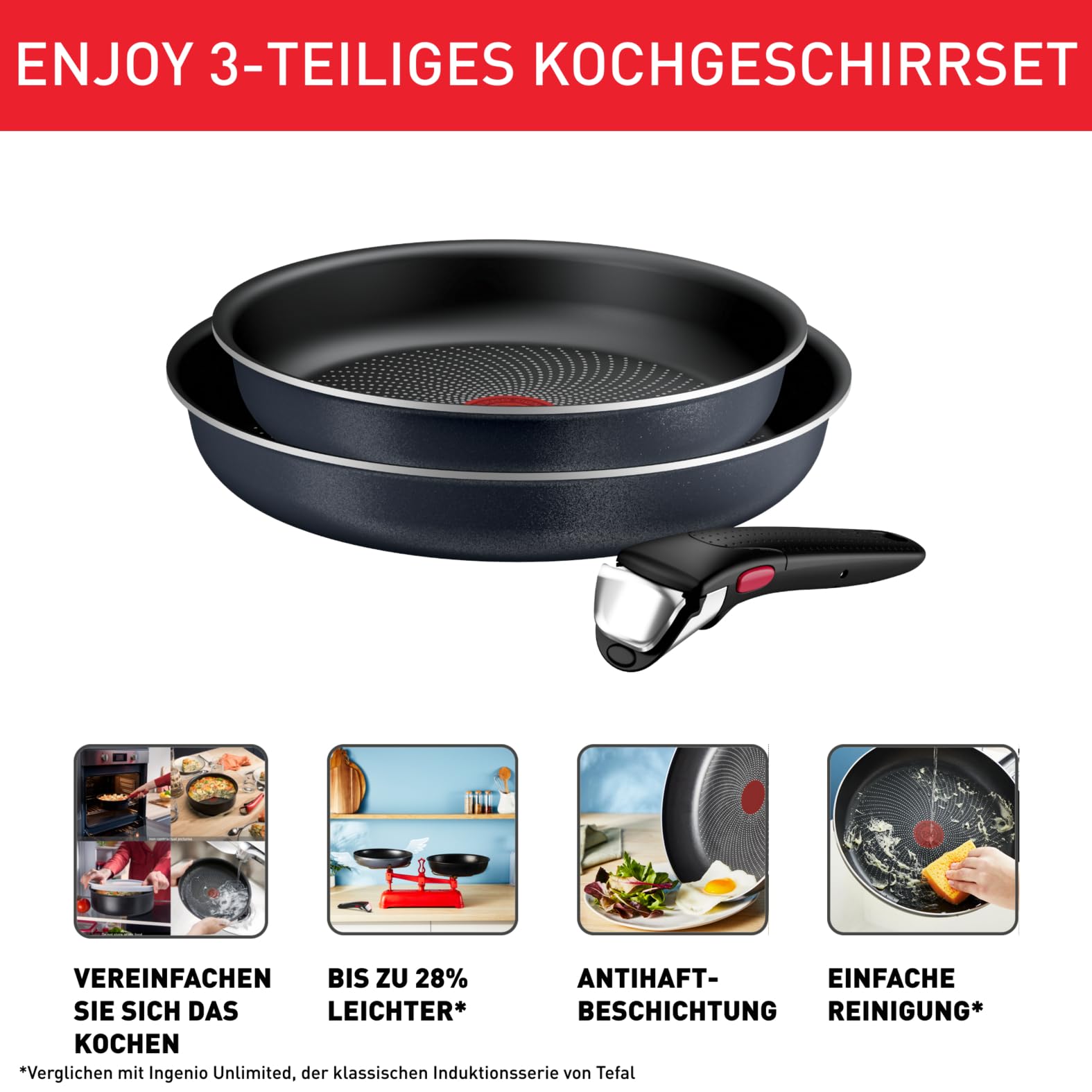 Tefal Ingenio Enjoy 3-teiliges Pfannenset abnehmbarer Griff, 24/28 cm, stapelbar, platzsparend, Pfannenset Induktion mit Antihaftversiegelung, einfache Handhabung und Reinigung, L72390