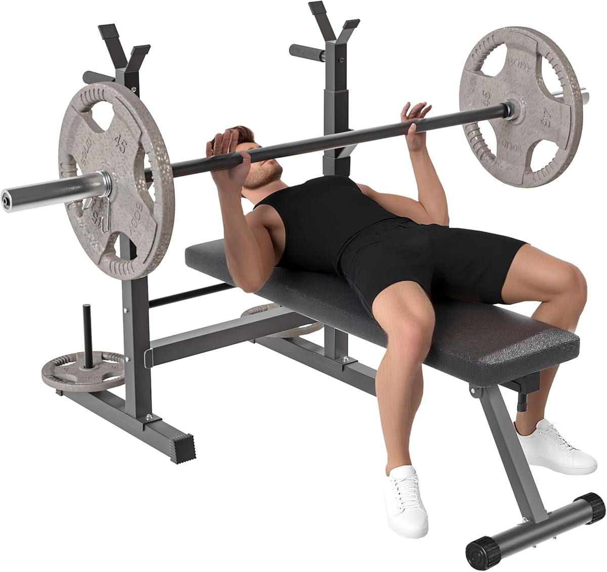 Soozier Adjustable Weight Bench, Foldable Bench Press with Barbell Rack and Dip Station for Home Gym, Strength Training Multiuse Workout Bench