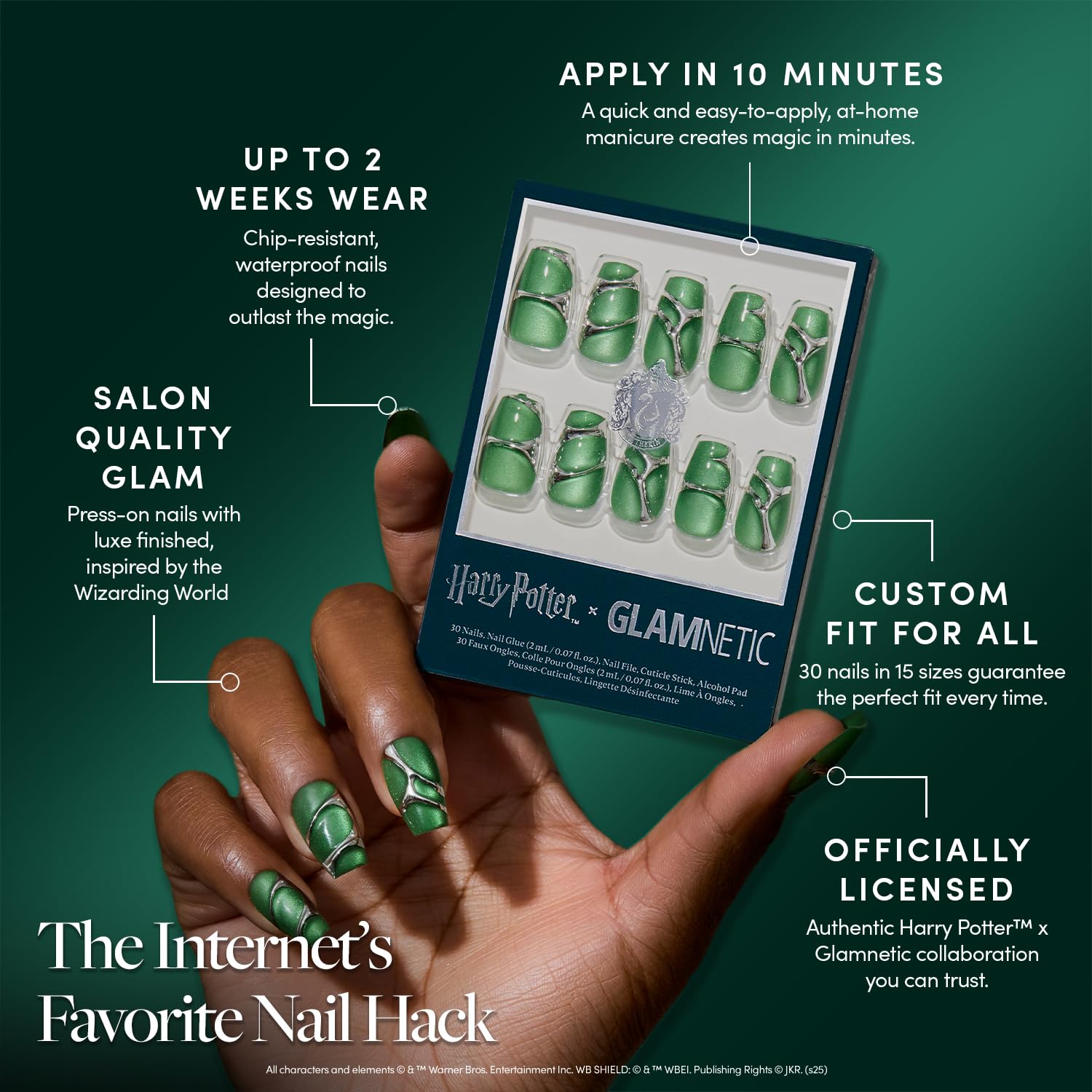 Glamnetic Press On Nails x Harry Potter™ - Salazar Slytherin™ | Medium Coffin Fake Nails with 3D Silver Design & Velvet Finish, Salon Quality Officially Licensed | 15 Sizes - 30 Nail Kit with Glue