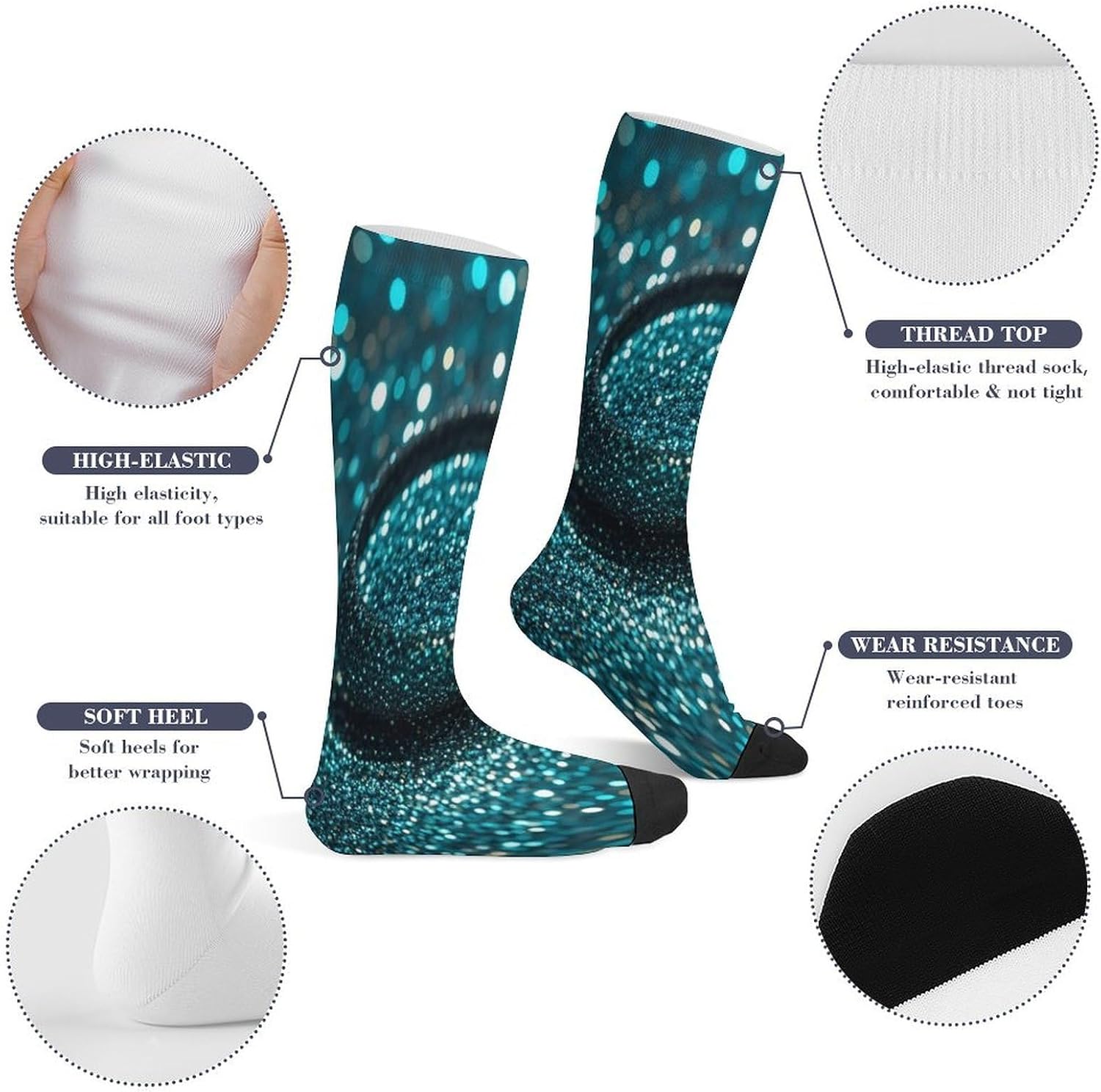 Teal Glitter Socks Hiking Boot Socks Casual Knee High Sock Cozy Outdoor Sport Socks for Women Men
