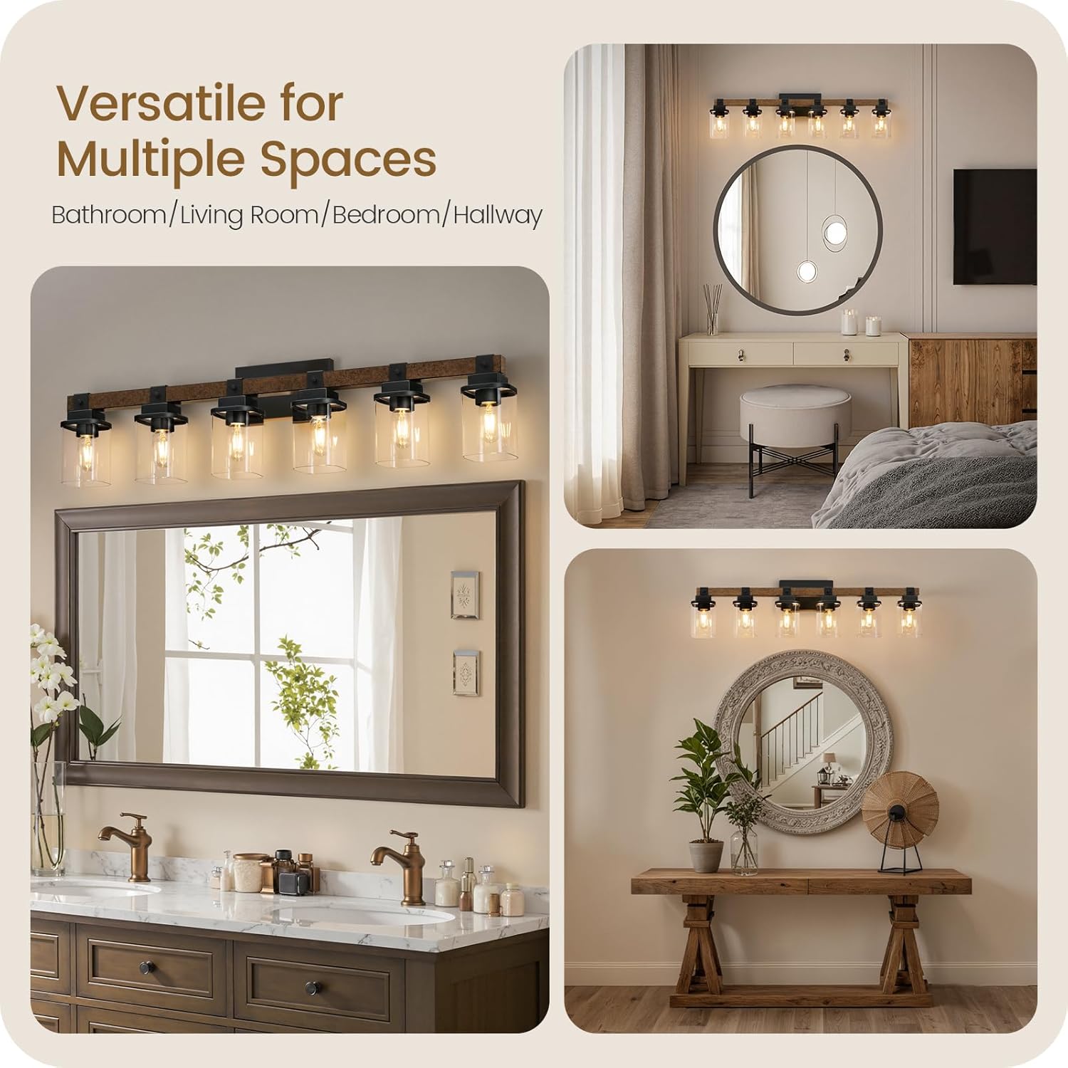 6-Light Bathroom Light Fixtures, Farmhouse Vanity Lights for Bathroom with Glass Square Shade, Rustic Vanity Lights, Sconce Wall Light, E26 Base (Bulbs Not Included), ETL Listed FS12BD05