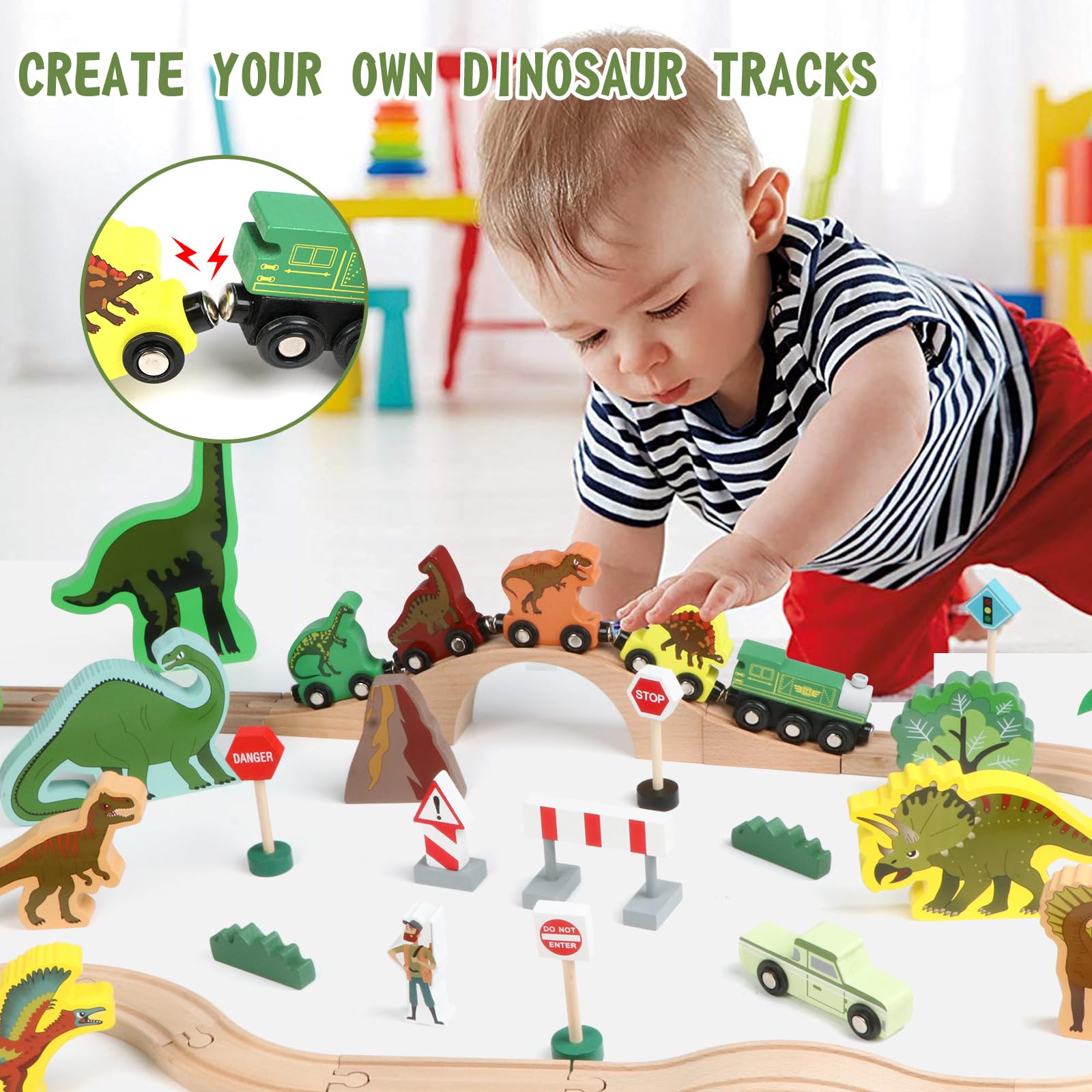 Jacootoys Dinosaurier-Spielzeug für Kinder von 3 bis 5 Jahren, Holzeisenbahnset, kompatibel mit den gängigen Marken, ideales Holzeisenbahnset für 3-, 4-, 5-, 6-, 7- und 8-jährige Kinder