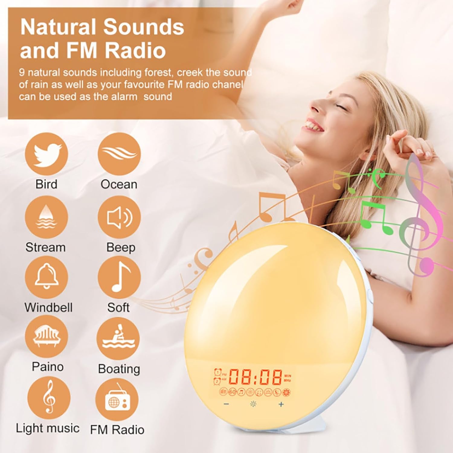 Sunrise Alarm Clock with Sunset Simulation, 20-Level Adjustable Brightness, 9 Natural Sounds & FM Radio, Dual Alarm Touch Control Wake Up Light for Bed